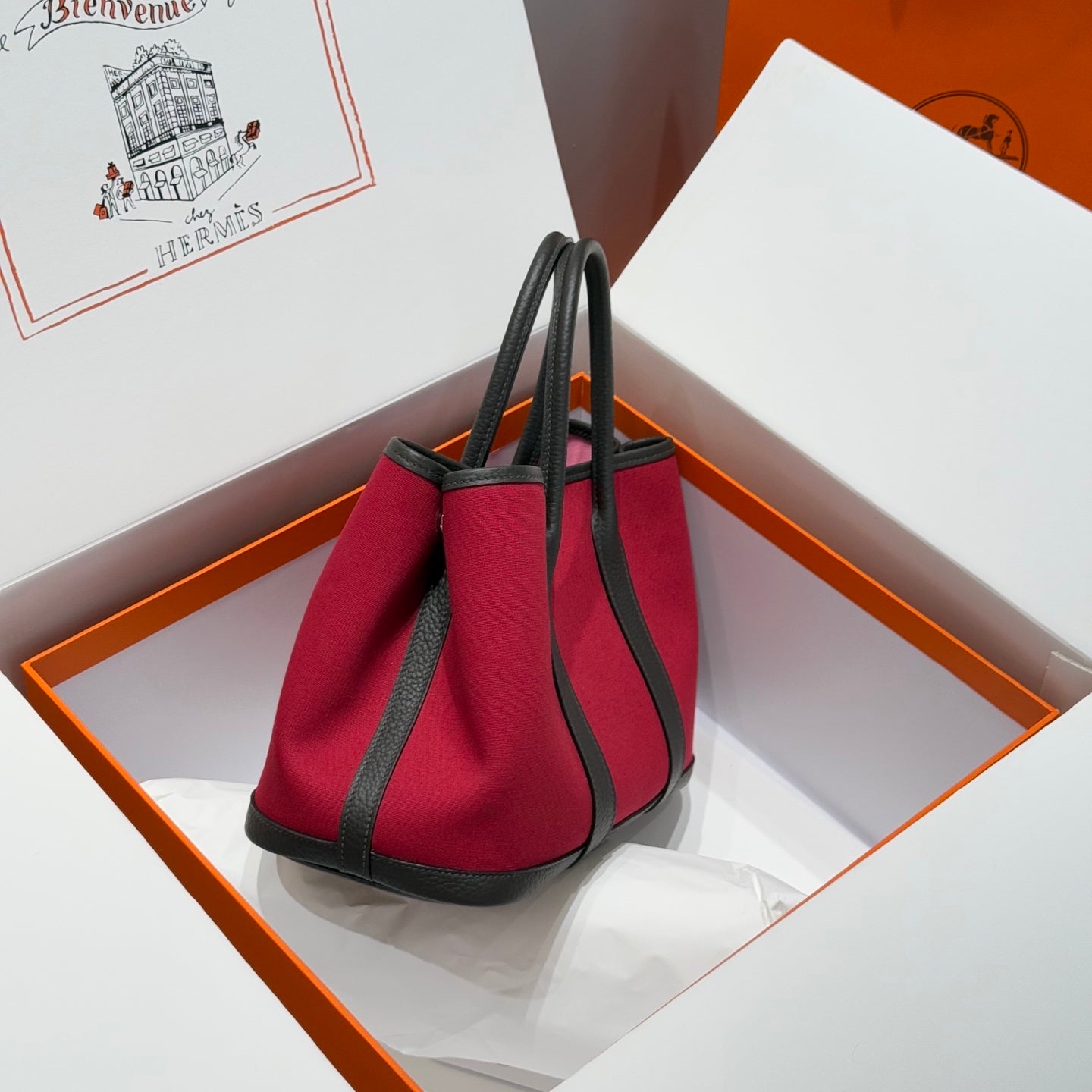 HM Garden Party 30cm Bag Etoupe Clemence Togo Red Canvas