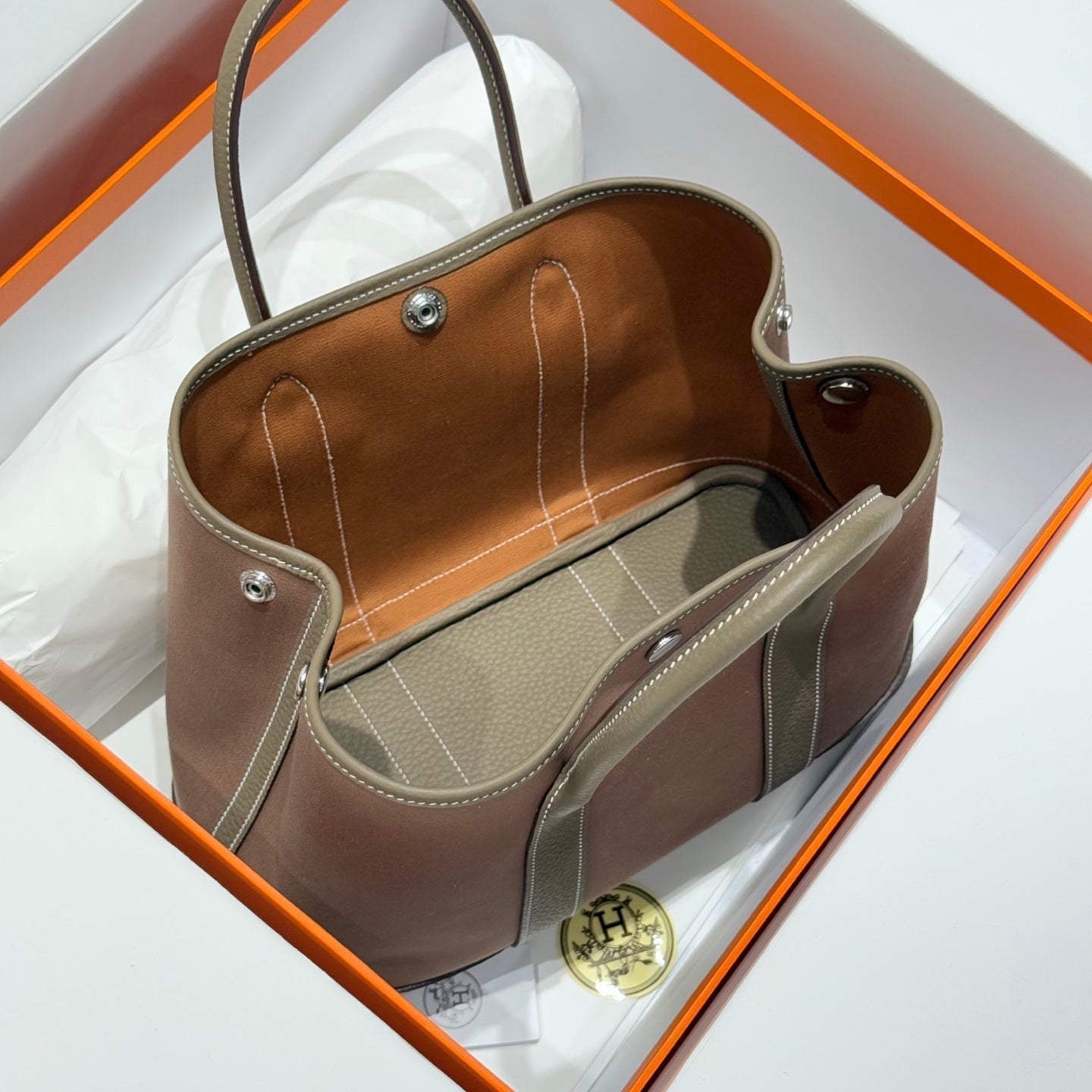 HM Garden Party 30cm Bag Etoupe Togo Chocolate Canvas