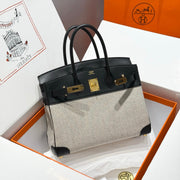 HM Birkin 30cm Black Swift Leather Dark Grey Canvas Gold Hardware