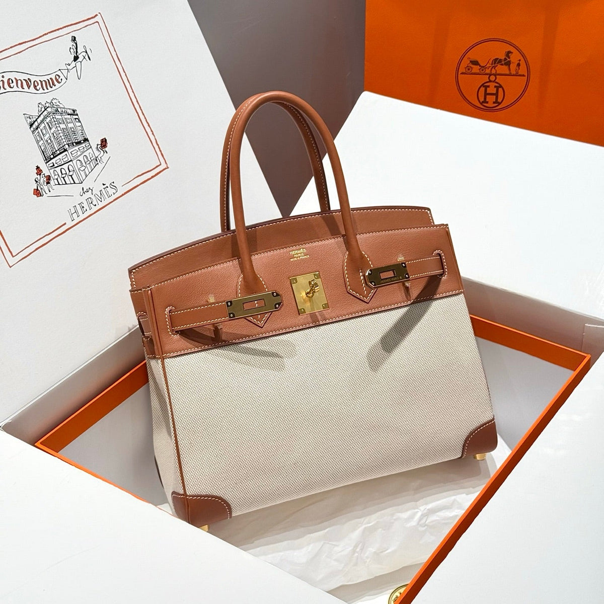 HM Birkin 30 Gold Swift Leather Grey Canvas Gold Hardware