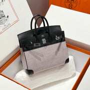 HM Birkin 25cm Black Swift Pink Canvas Silver Hardware