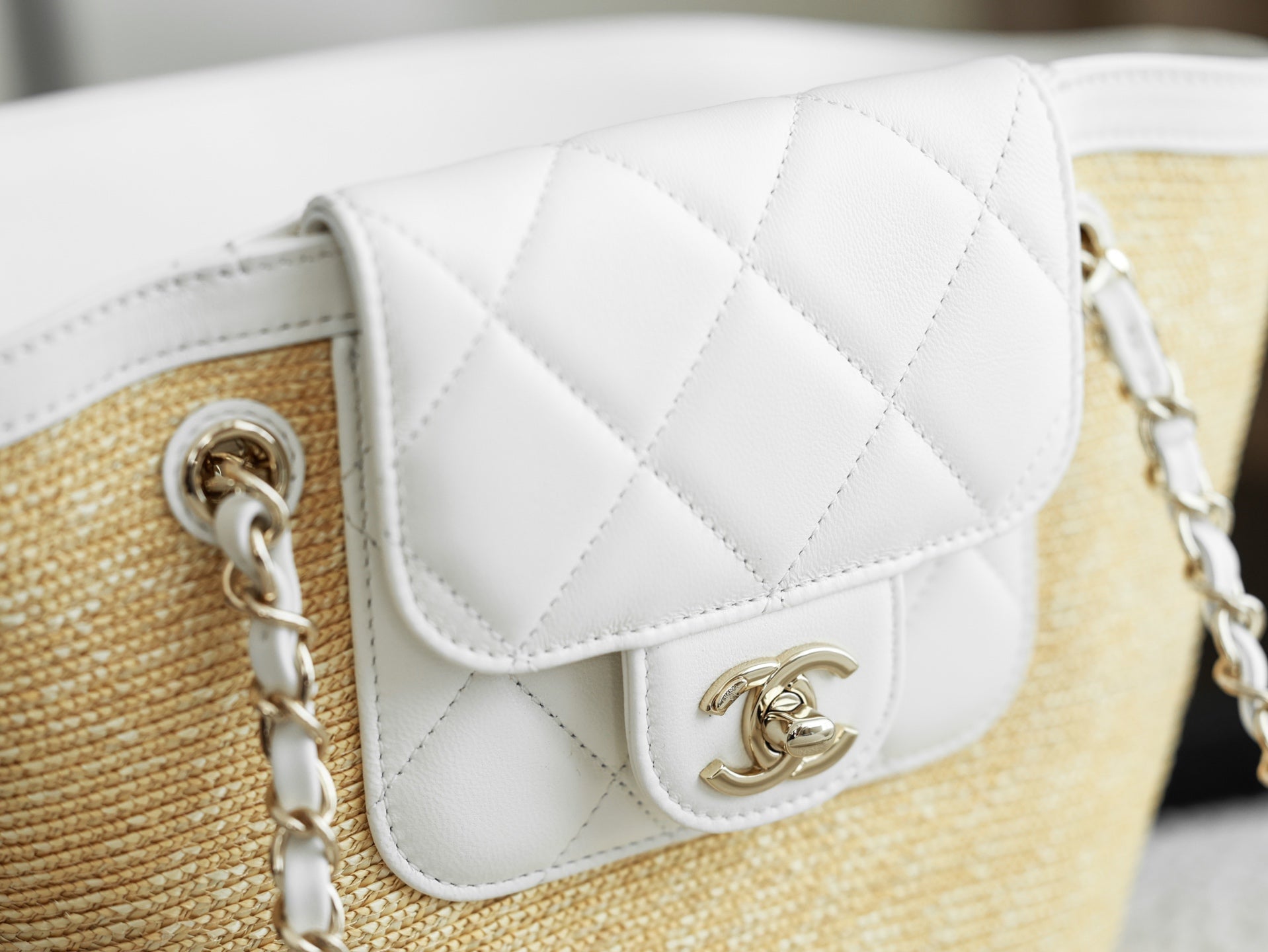 Chanel 2026 Shopping Bag 40cm Beige White Straw Lambskin
