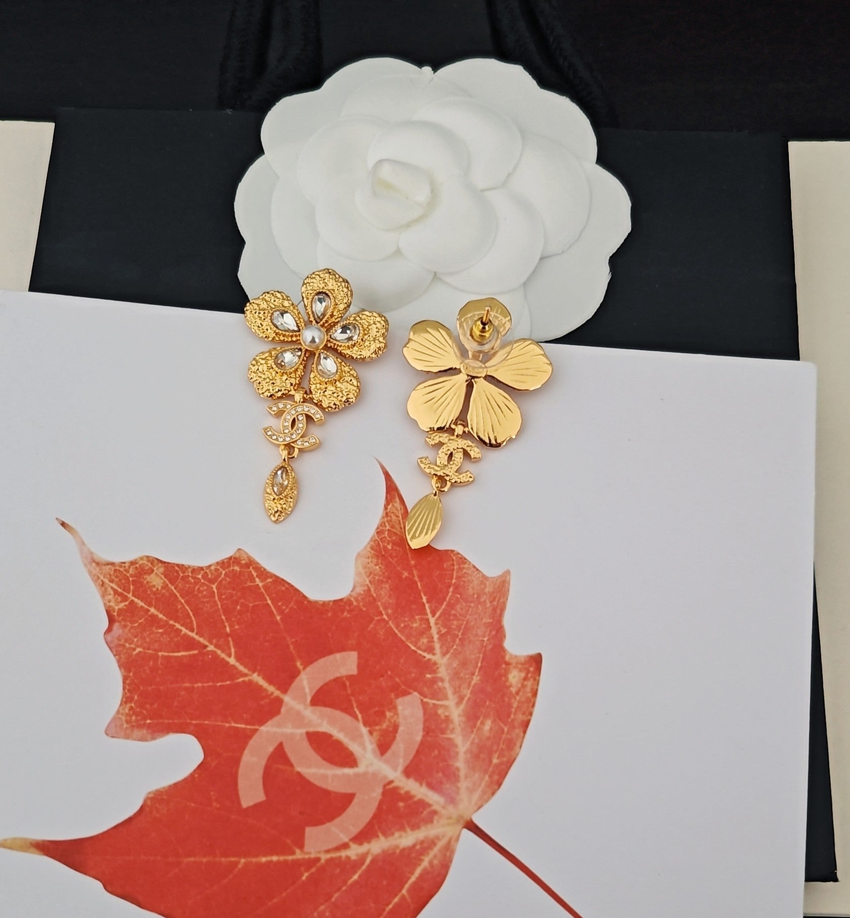 CC Flower Double C Diamond Gold Earrings