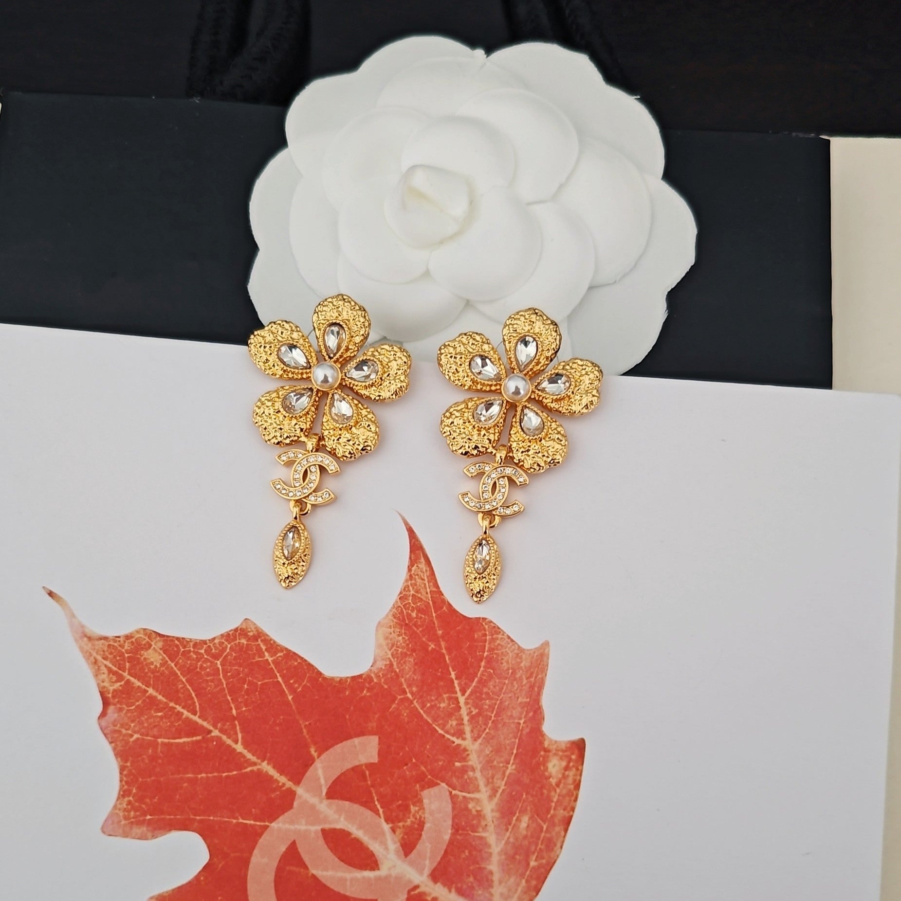 CC Flower Double C Diamond Gold Earrings