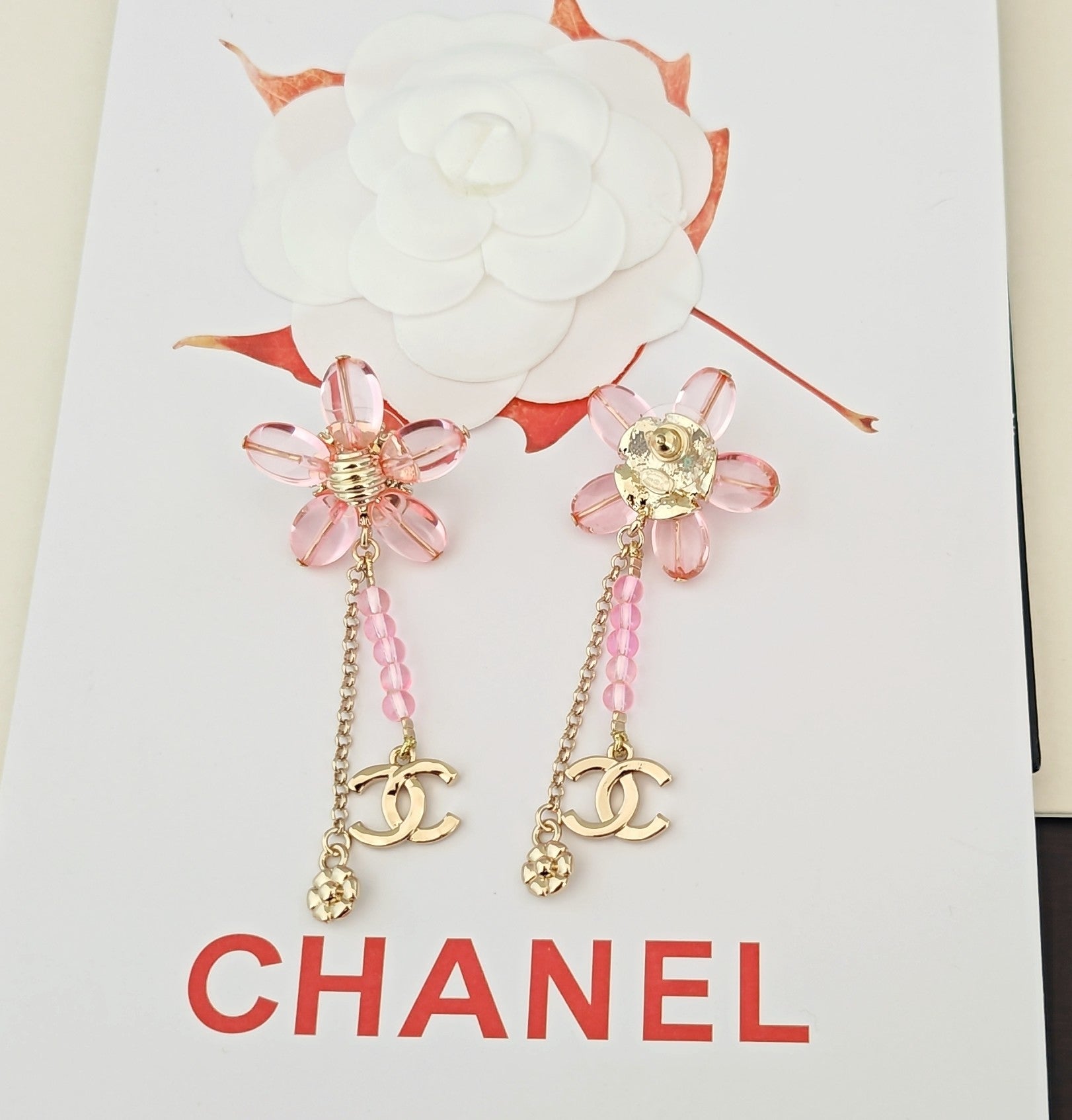 CC Double C Pink Olive Bead Flower Tassel Gold Earrings