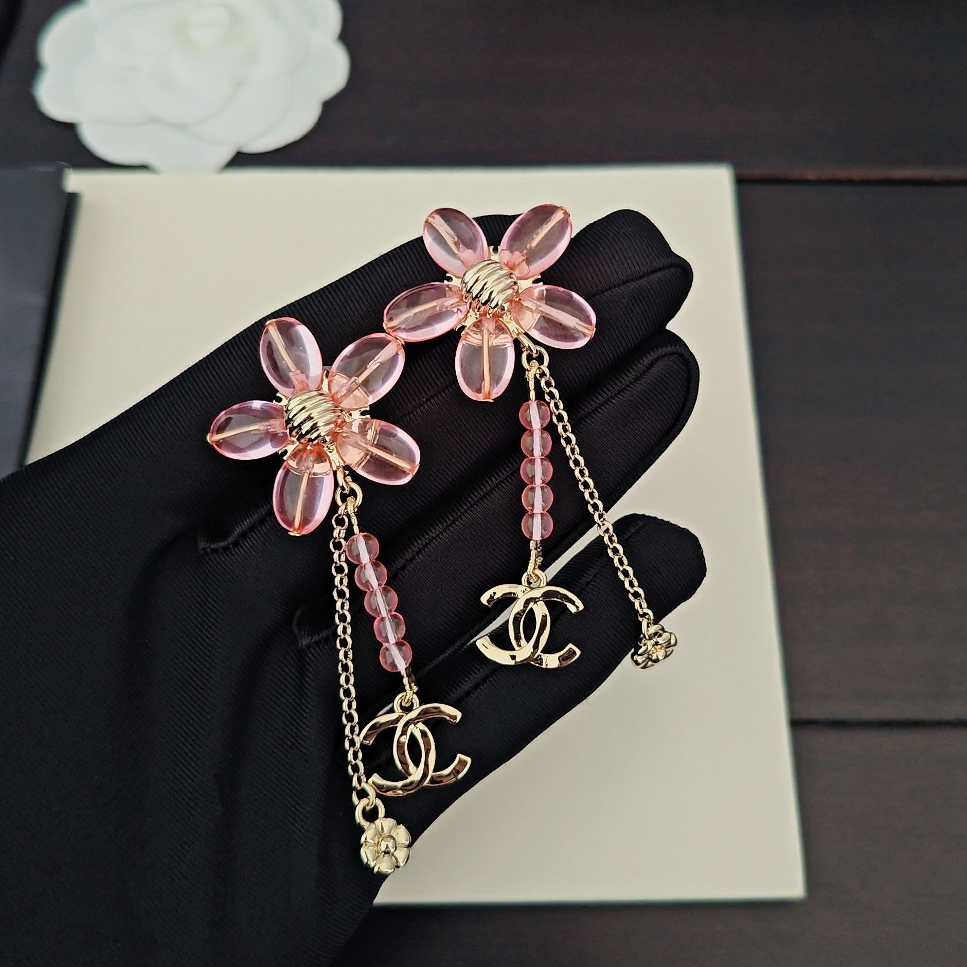 CC Double C Pink Olive Bead Flower Tassel Gold Earrings