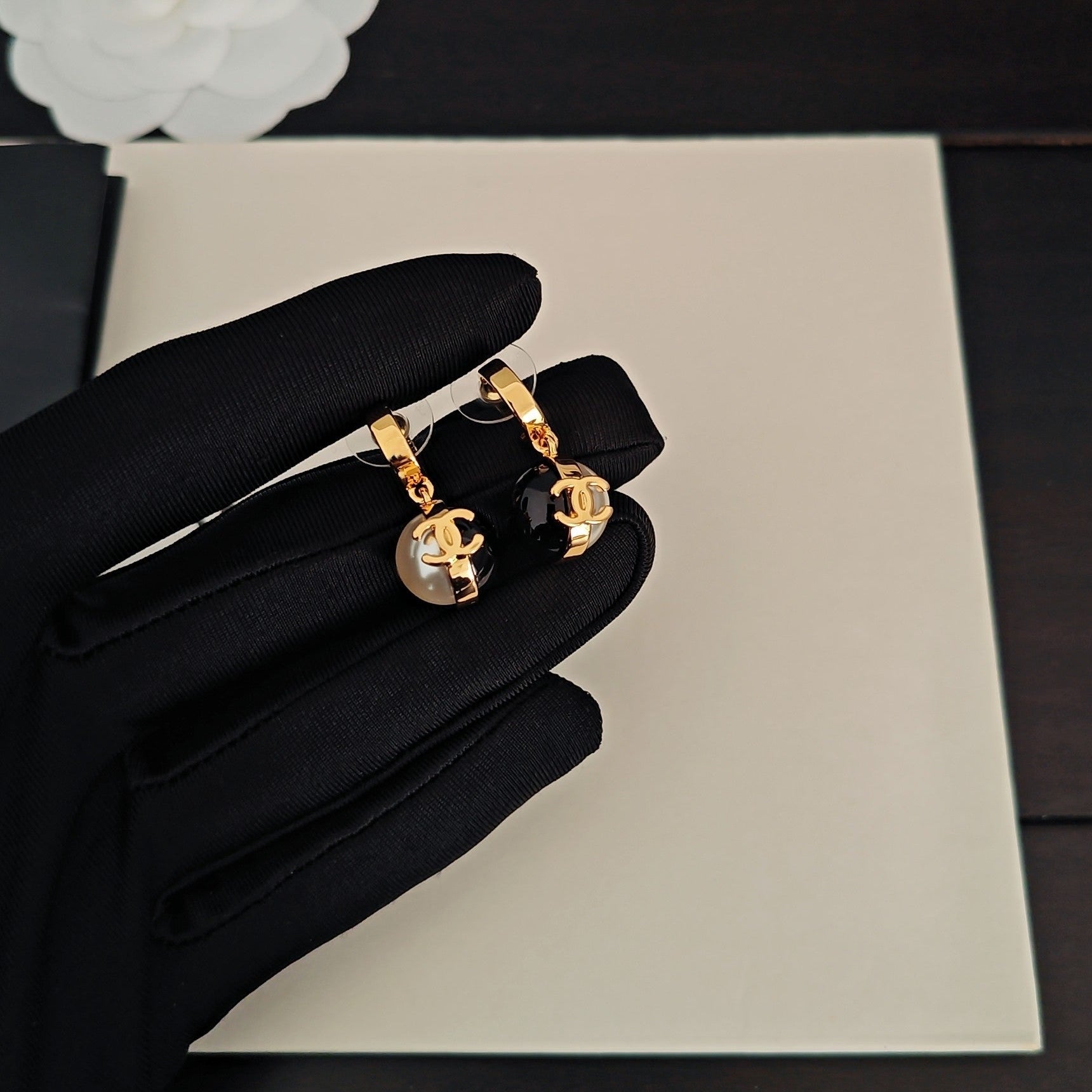 CC Double C Black White Ball Gold Earrings