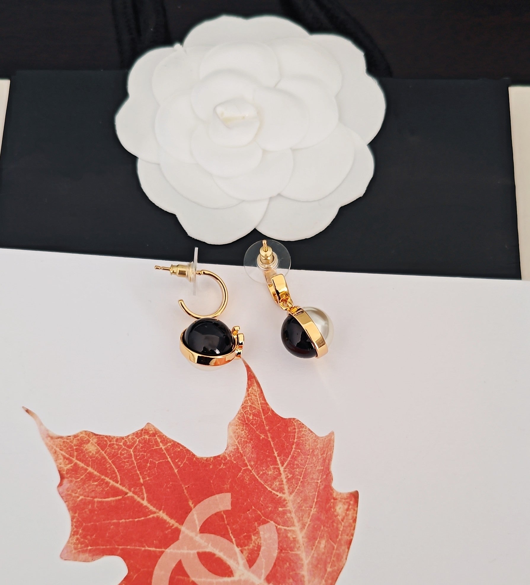 CC Double C Black White Ball Gold Earrings