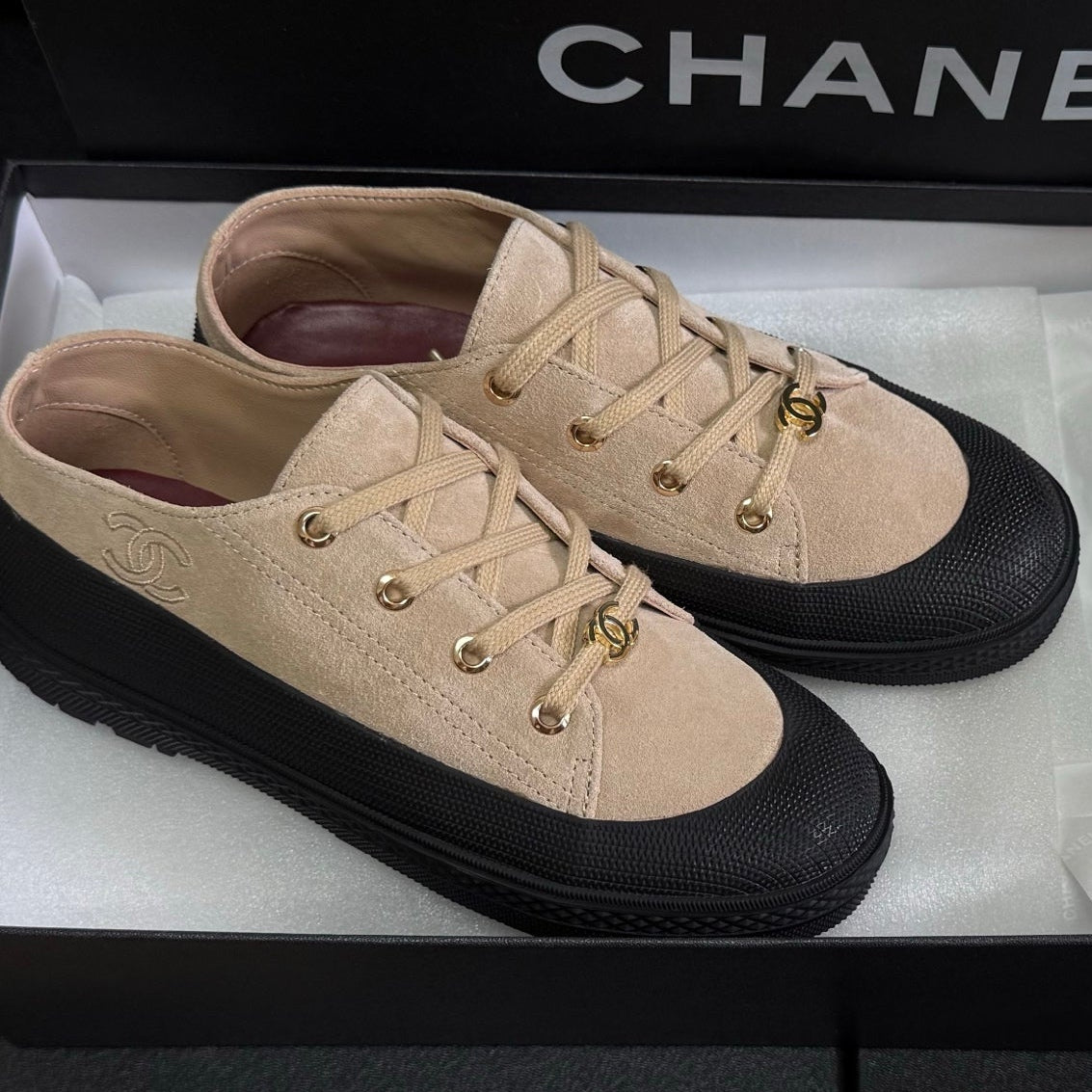 Chanel 2026 Sneakers Beige Black Suede 943012