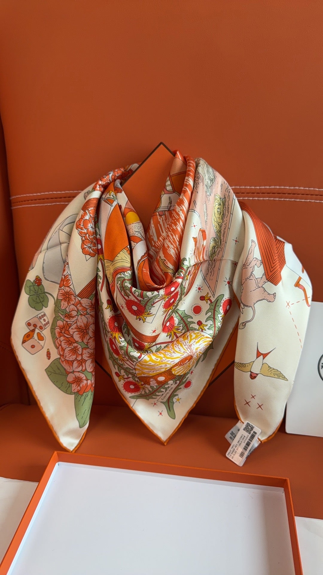 HM 26s 90 Scarf Orange White Colorful Mulberry Silk 153382