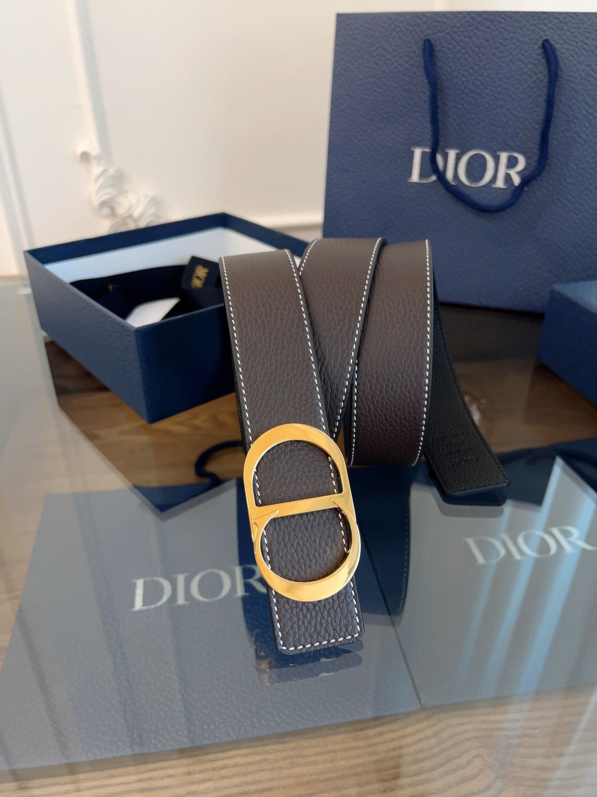 Dior 2026 CD Icon Grained Belt 35mm Brown Leather 189410