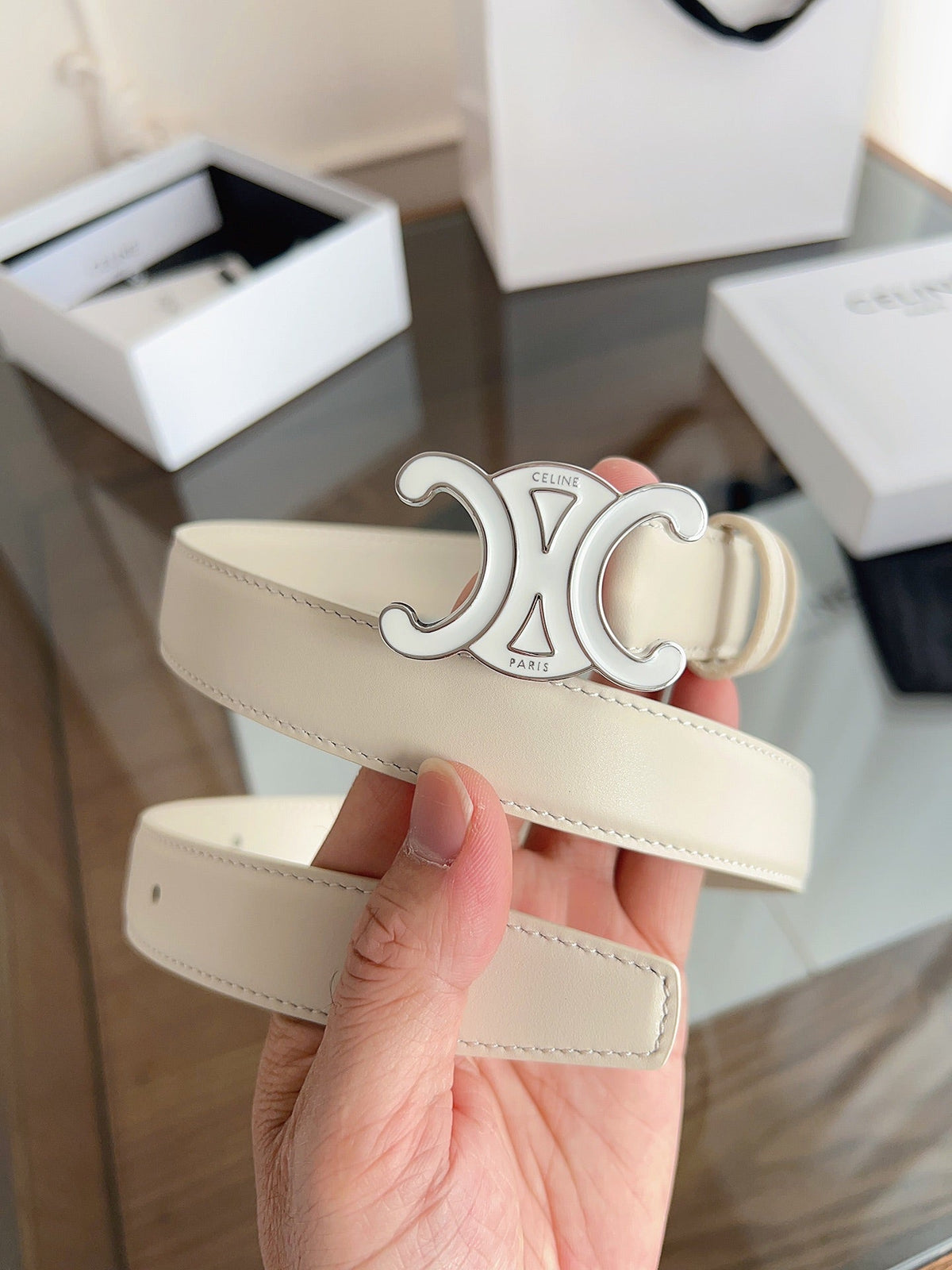 Celine 2026 Triomphe Belt 25mm White Leather 194260