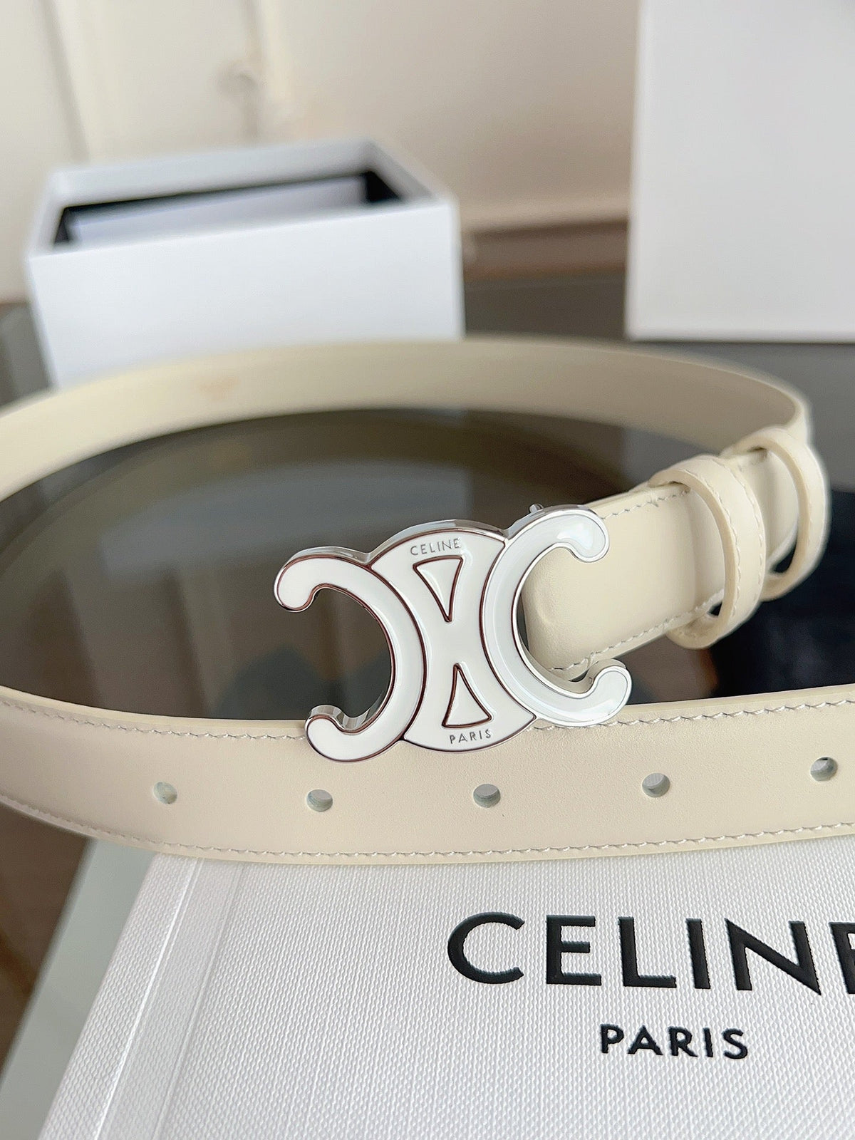 Celine 2026 Triomphe Belt 25mm White Leather 194260