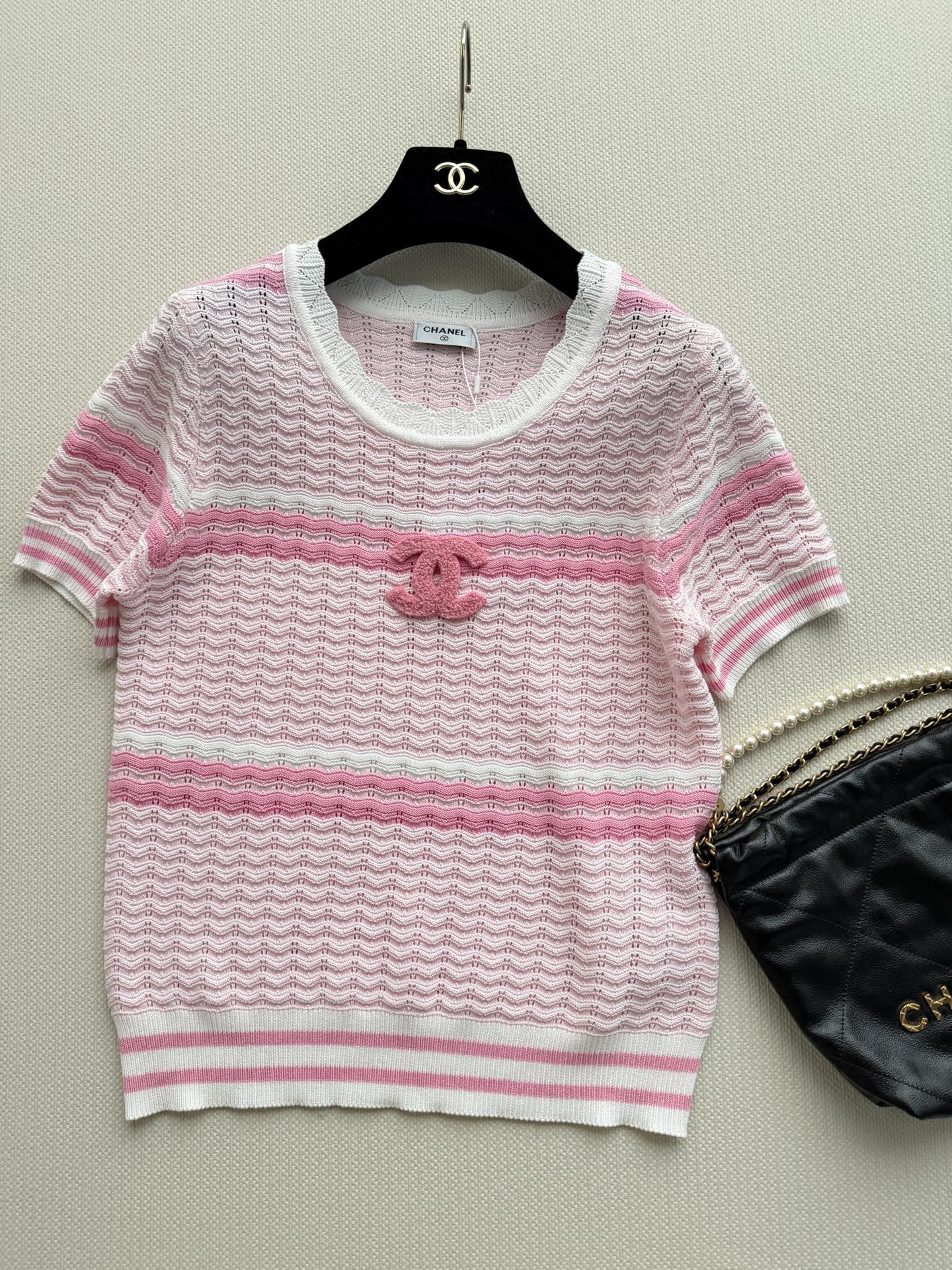 Chanel 2026 Striped Short-sleeved Shirt Pink White Wool