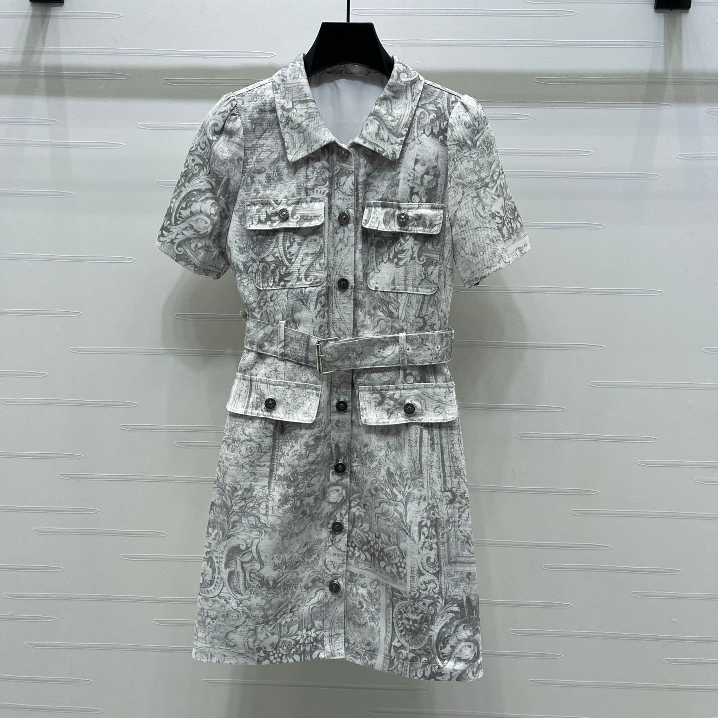 Dior 2026 Collared Print Denim Short-Sleeve Dress White Grey Polyester