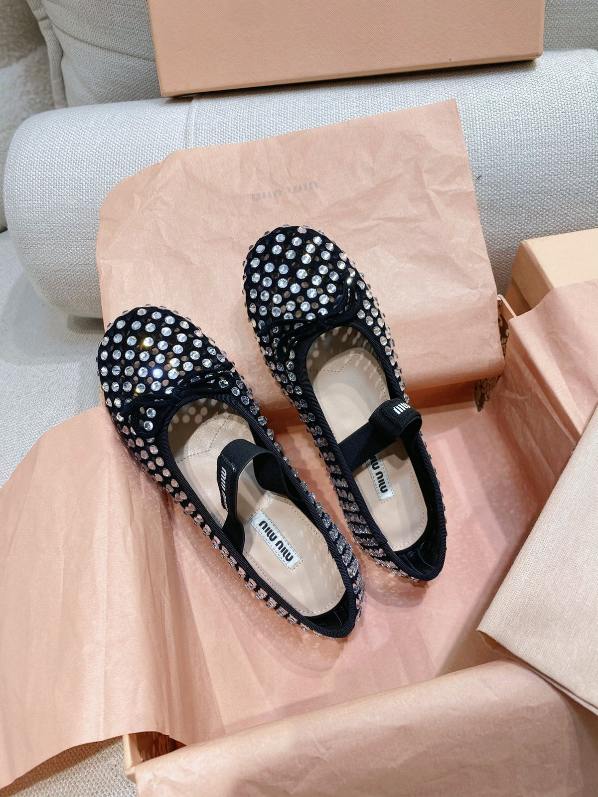 Miu Miu 2026 Crystal-Embellished Fishnet Ballet Flat Black Cowhide 155473