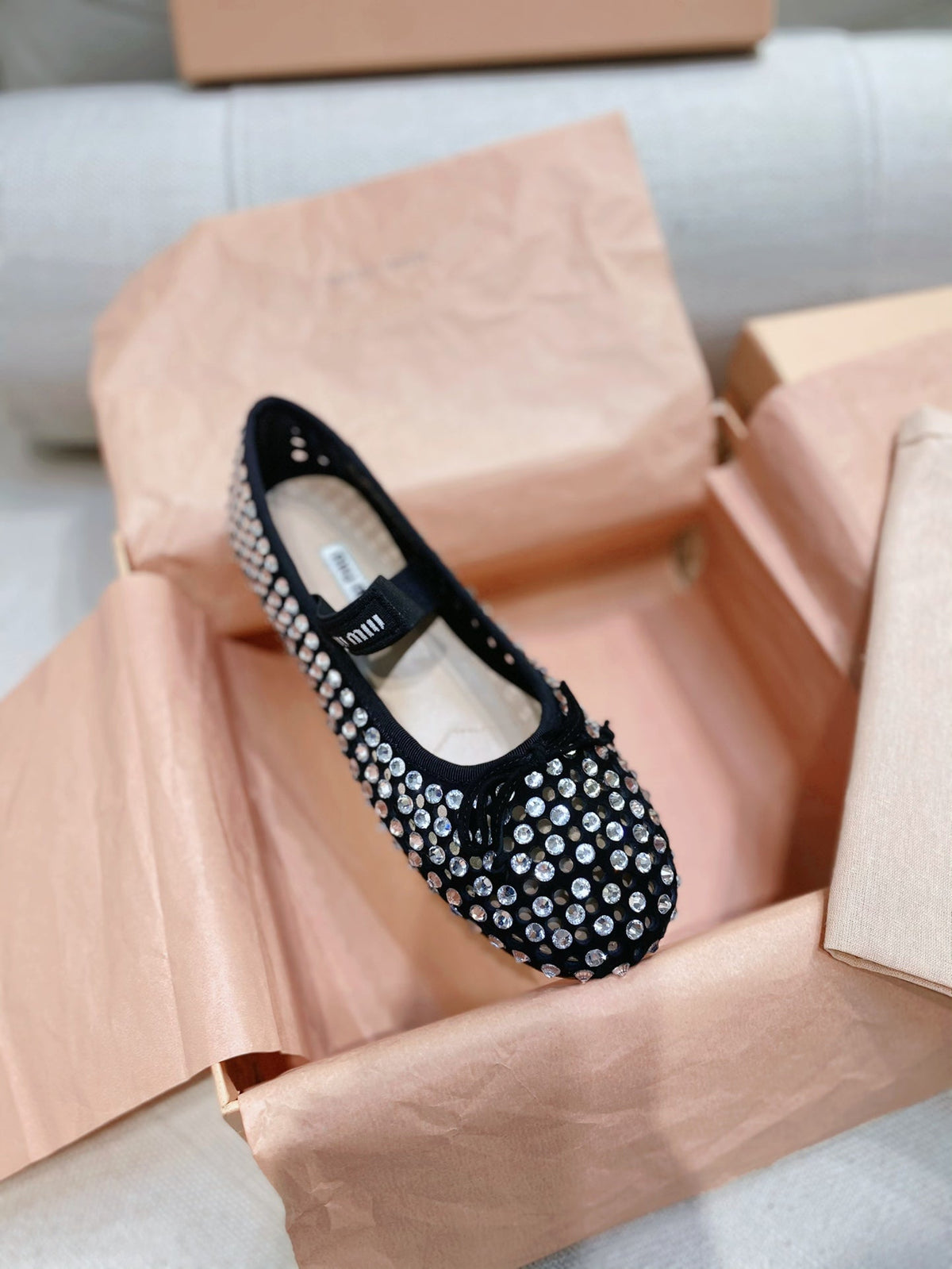 Miu Miu 2026 Crystal-Embellished Fishnet Ballet Flat Black Cowhide 155473