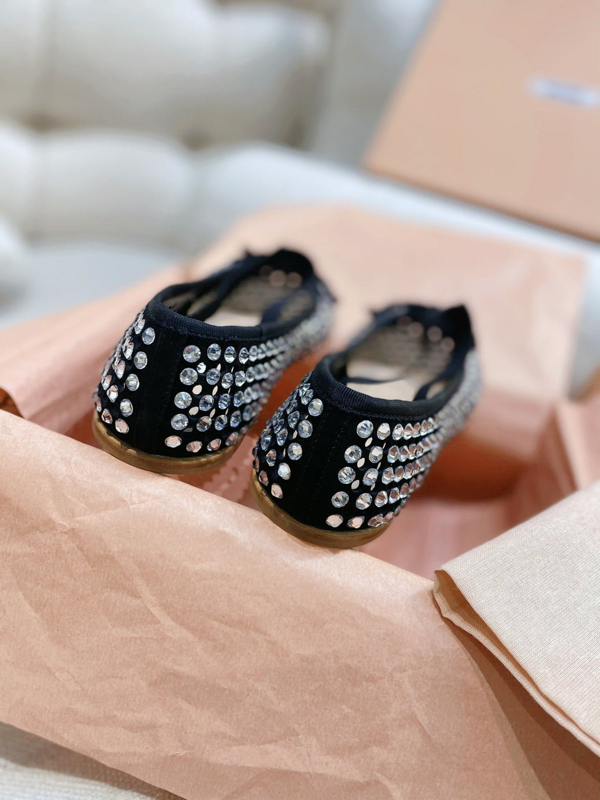 Miu Miu 2026 Crystal-Embellished Fishnet Ballet Flat Black Cowhide 155473