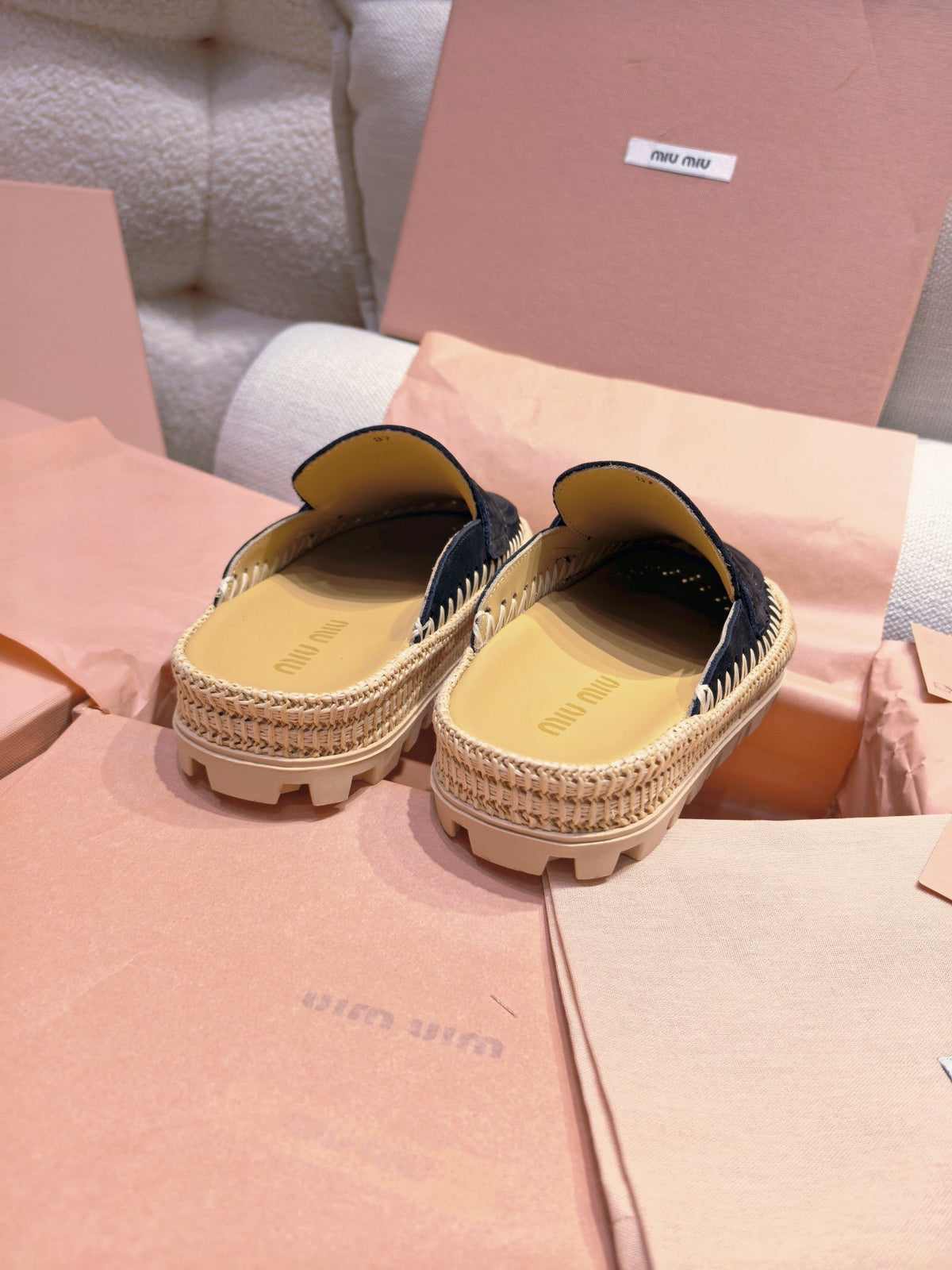 Miu Miu 2026 Raffia Flatform Mules Suede 155477