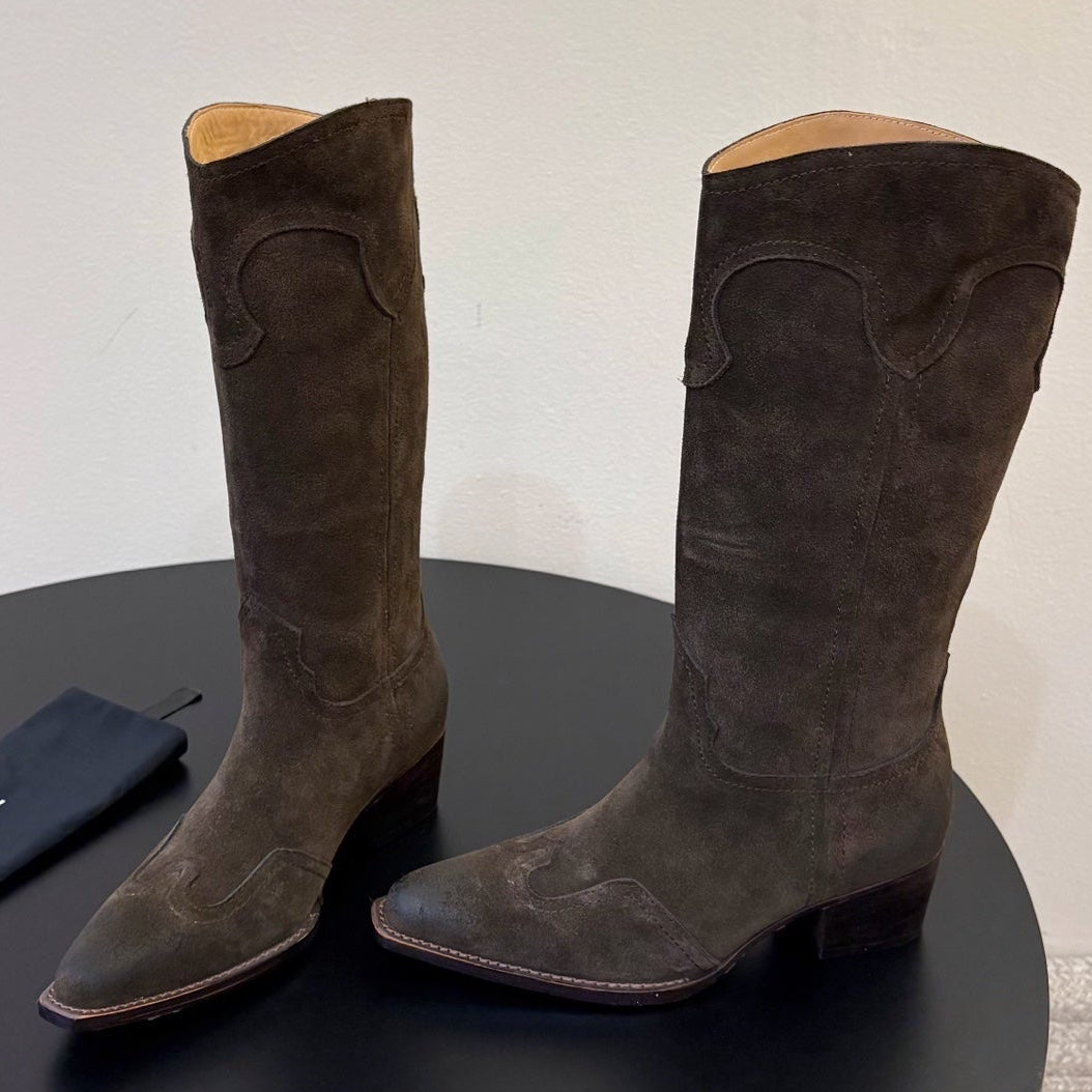 Celine 2026 Embroidered Mid-Calf Boots 50mm Calfskin Suede 104856