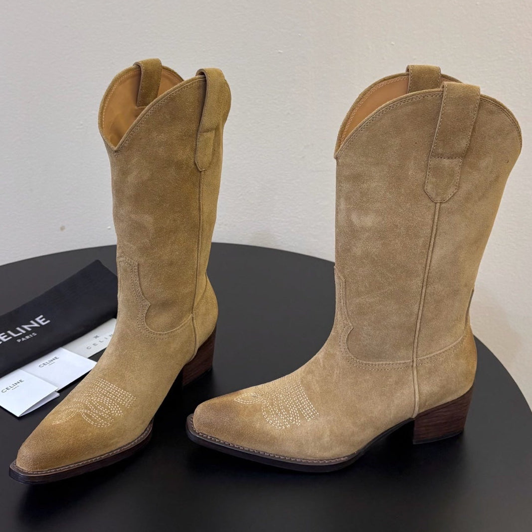 Celine 2026 Western Mid-Calf Cowboy Boots 50mm Suede Calfskin 104857