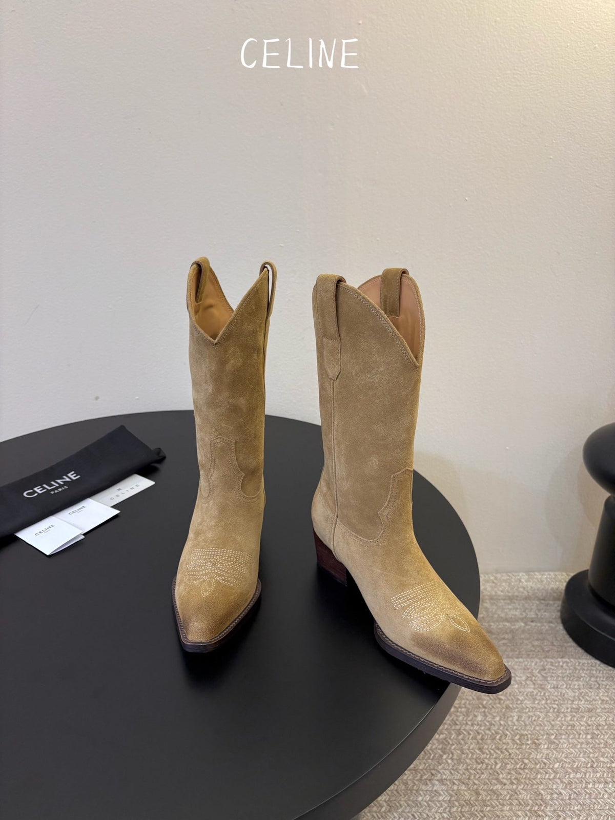 Celine 2026 Western Mid-Calf Cowboy Boots 50mm Suede Calfskin 104857