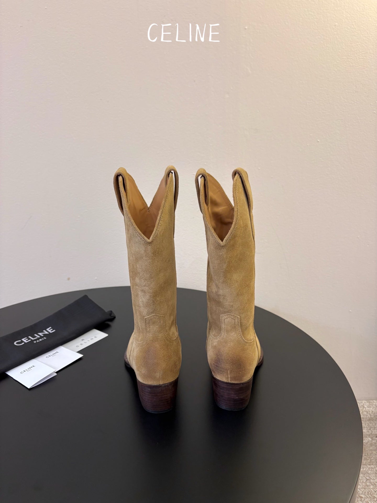 Celine 2026 Western Mid-Calf Cowboy Boots 50mm Suede Calfskin 104857