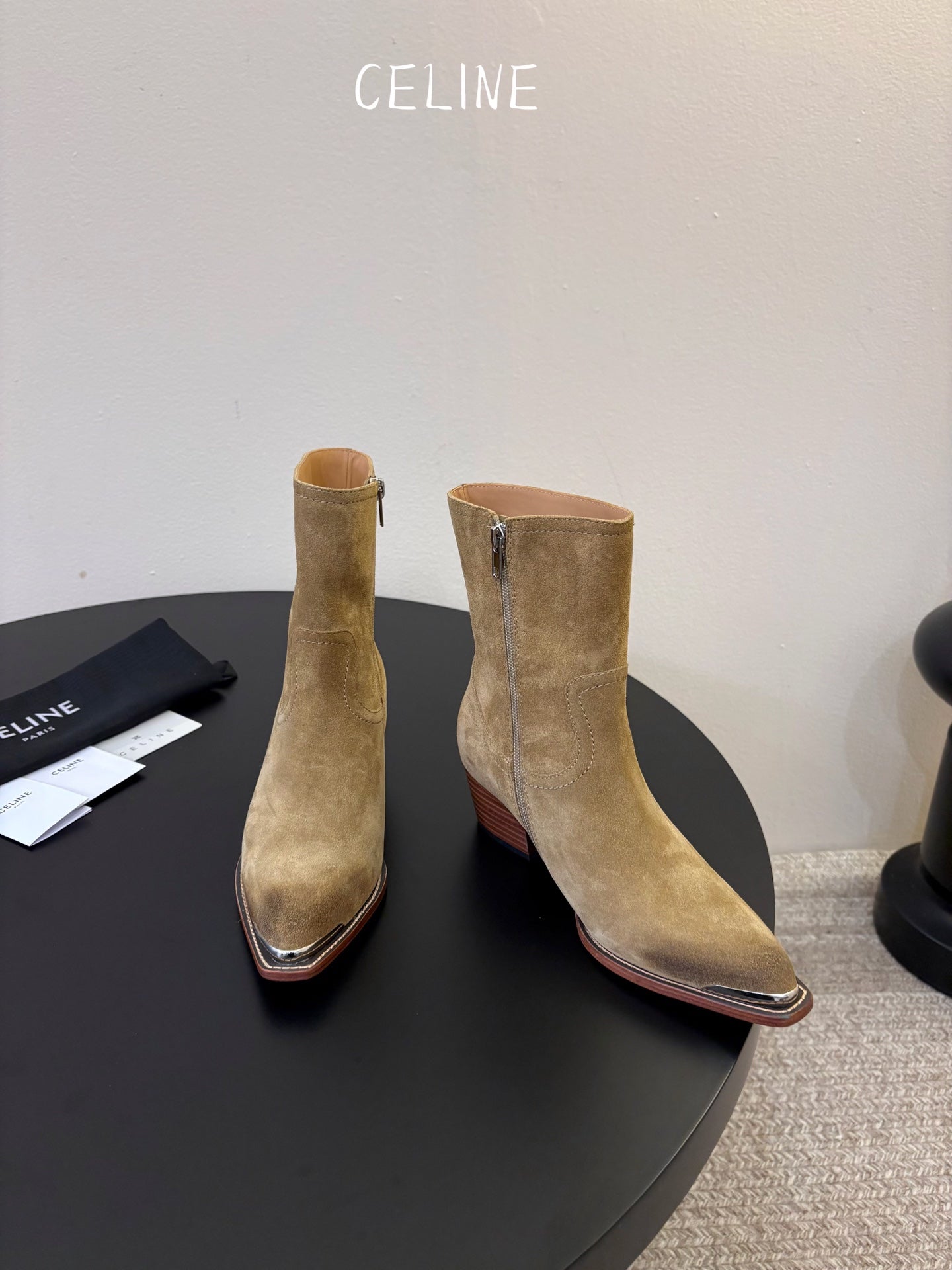 Celine 2026 Western Metallic Toe Ankle Boots 50mm Suede Leather 104866