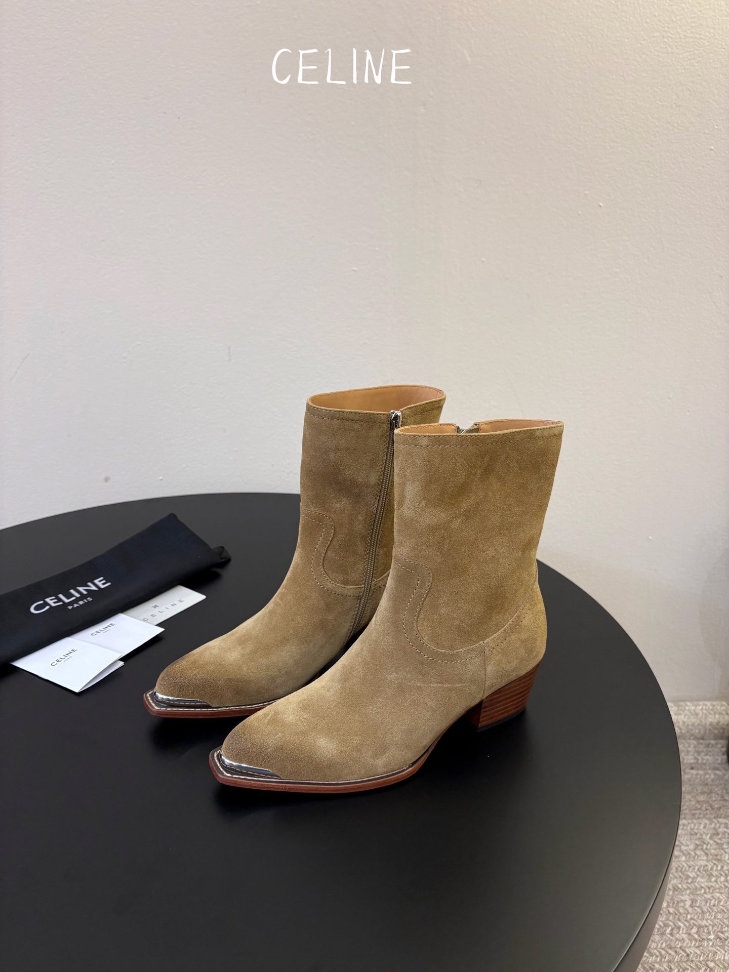 Celine 2026 Western Metallic Toe Ankle Boots 50mm Suede Leather 104866