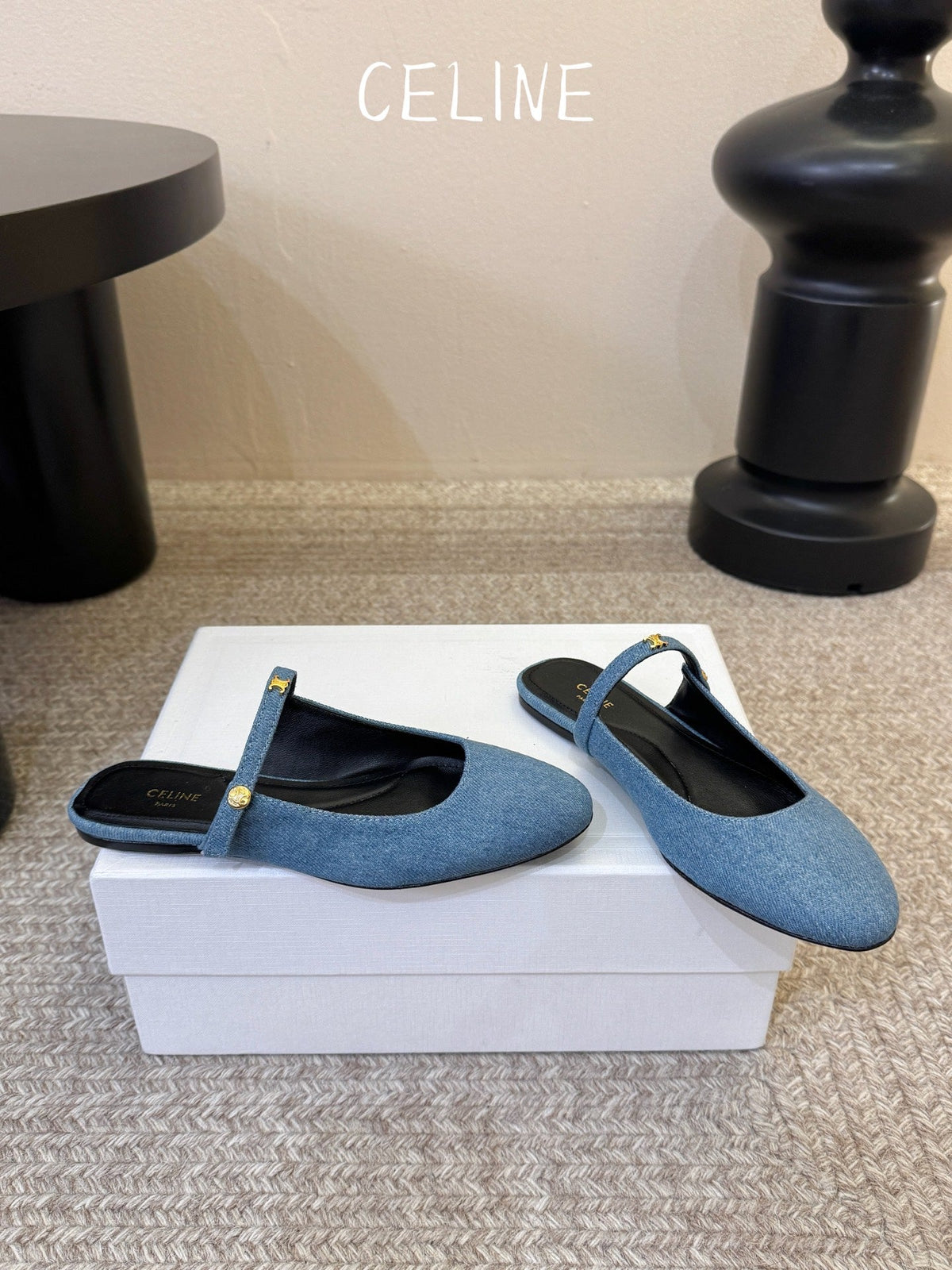 Celine 2026 Arc De Triomphe Flat Mule Calfskin Denim 104875
