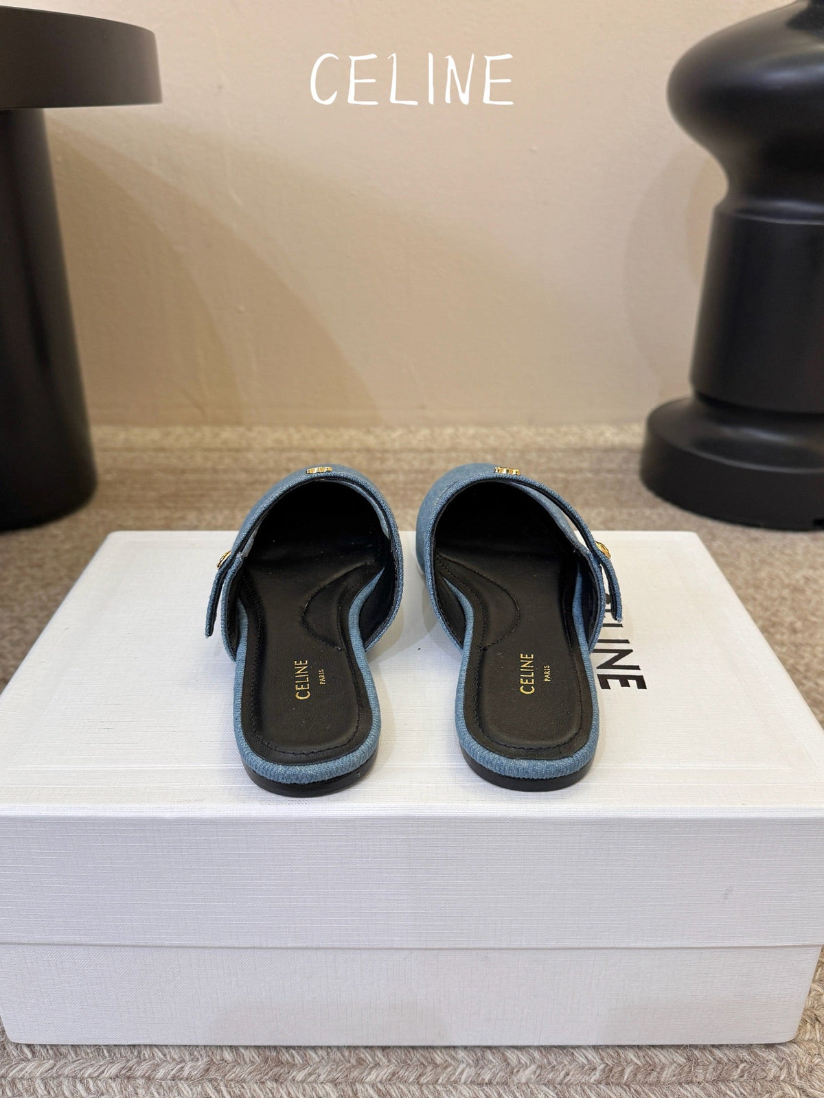 Celine 2026 Arc De Triomphe Flat Mule Calfskin Denim 104875