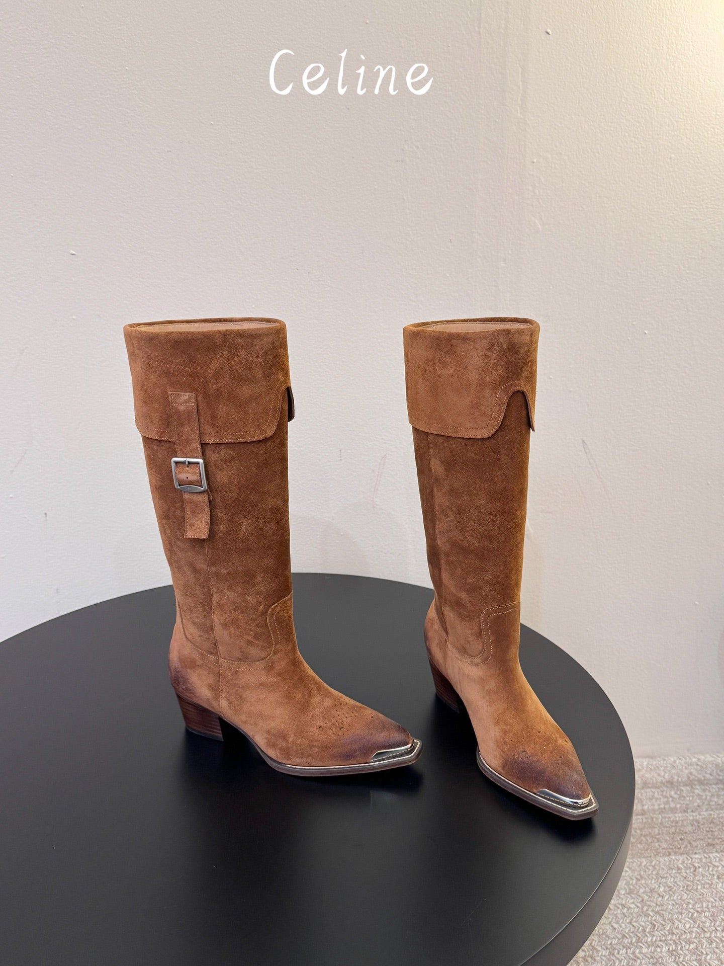 Celine 2026 Buckle Strap Knee-High Boots Cowhide Suede 104476