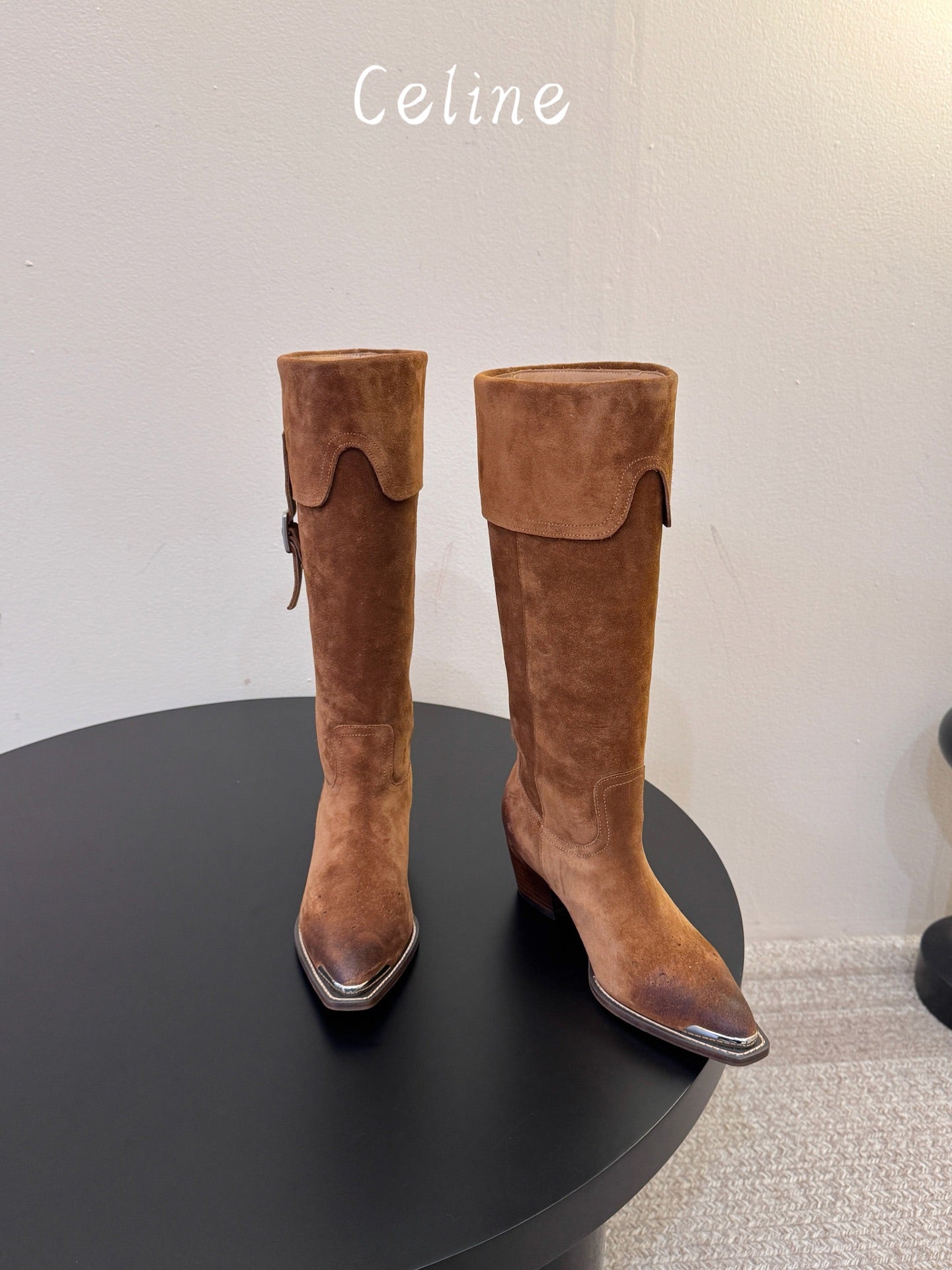 Celine 2026 Buckle Strap Knee-High Boots Cowhide Suede 104476