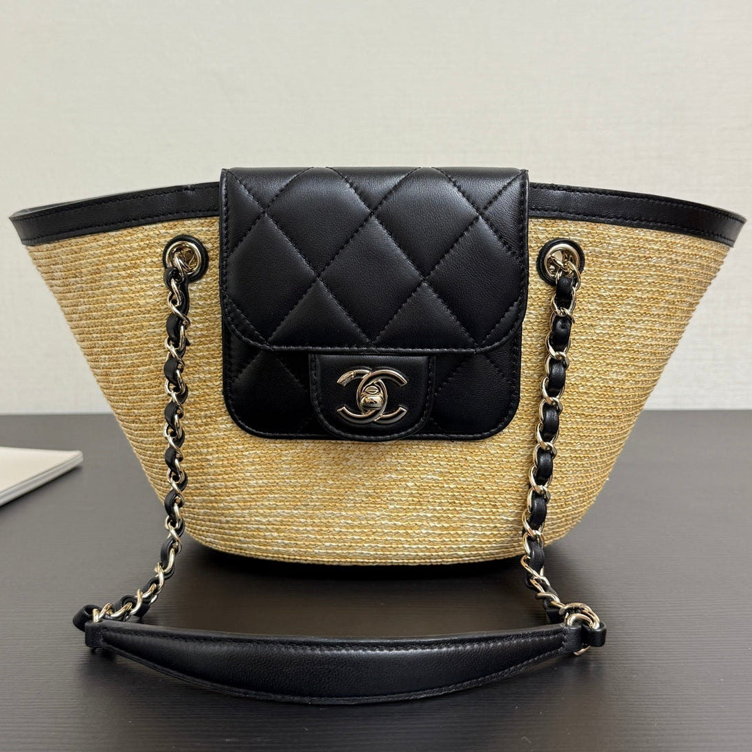 Chanel 2026 Shopping Bag 34cm Beige Black Straw Lambskin