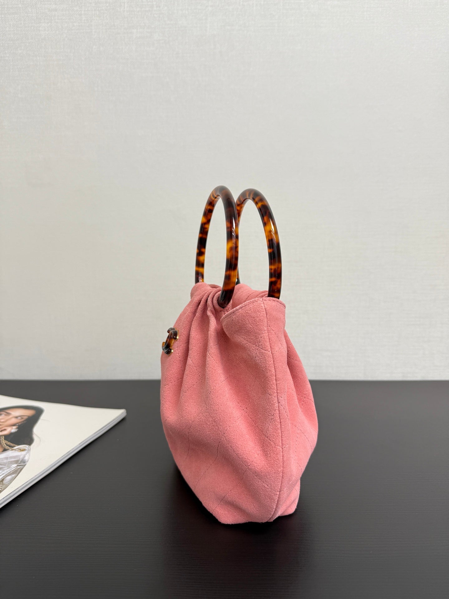 Chanel 2026 Pouch 24cm Pink Tortoiseshell Suede Effect Plexi