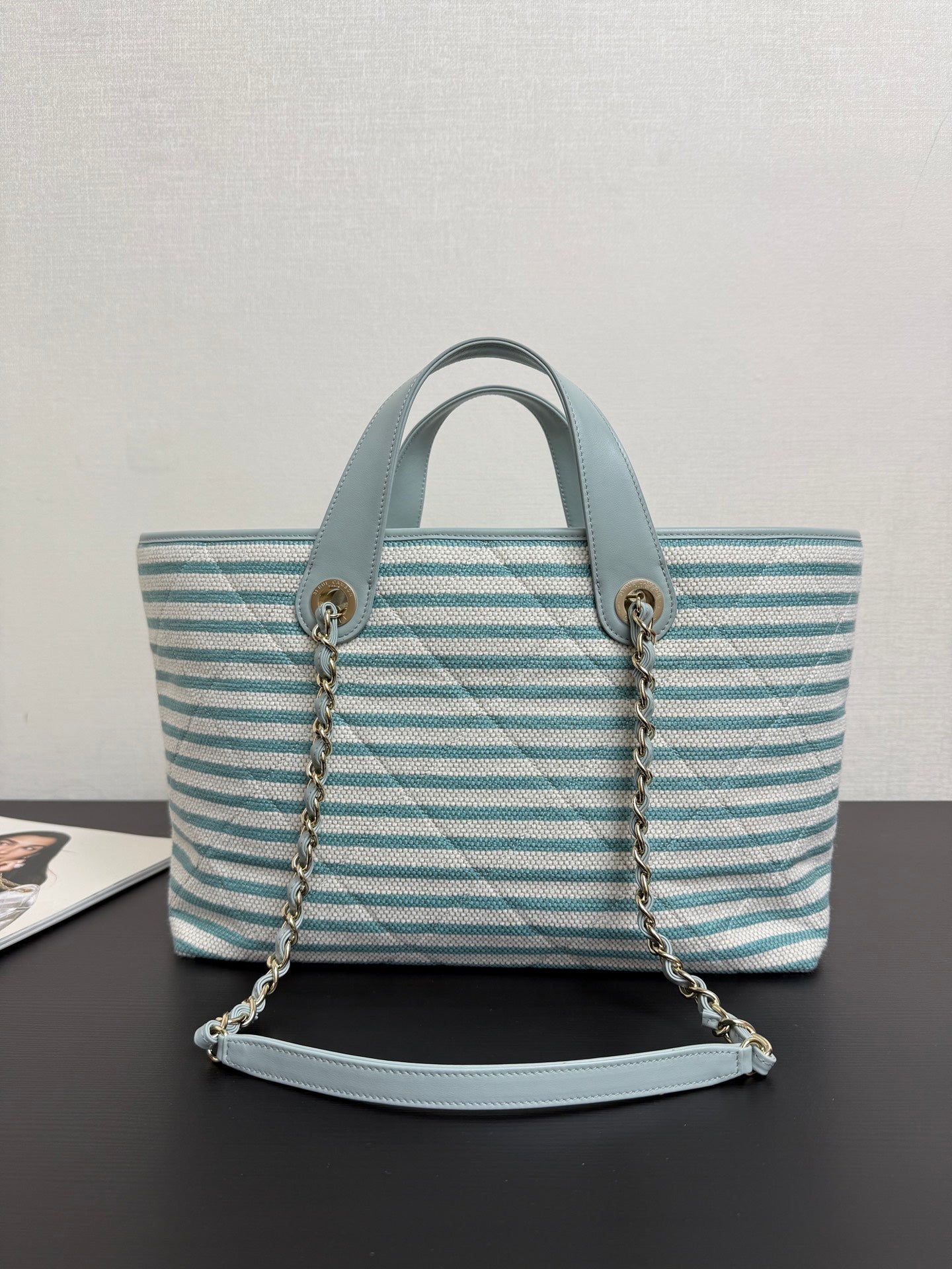 Chanel 26 Woven Beach Bag 46 White Light Blue Canvas Leather