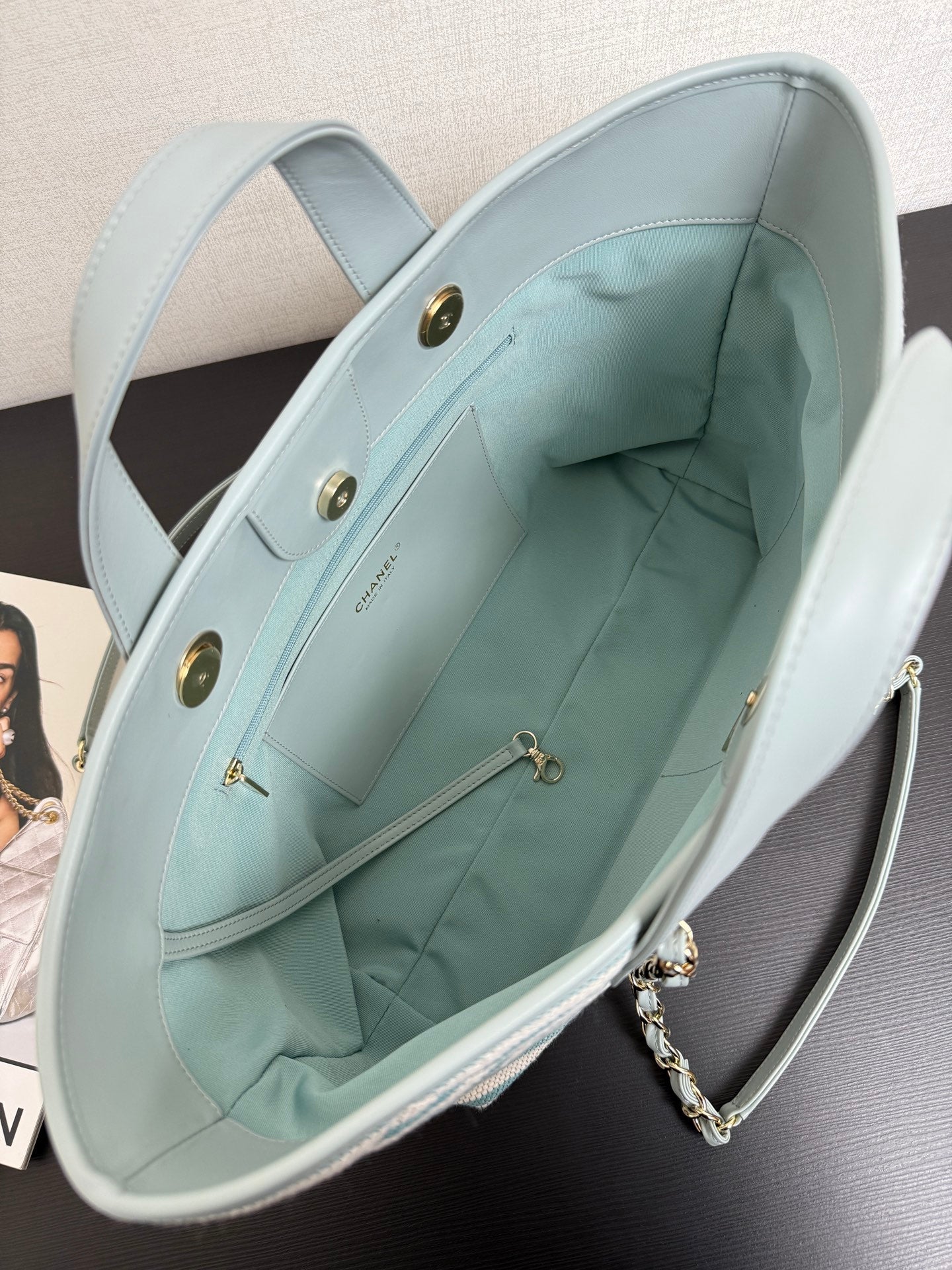 Chanel 26 Woven Beach Bag 46 White Light Blue Canvas Leather