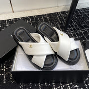 cross puffy slippers white black lycra fabric