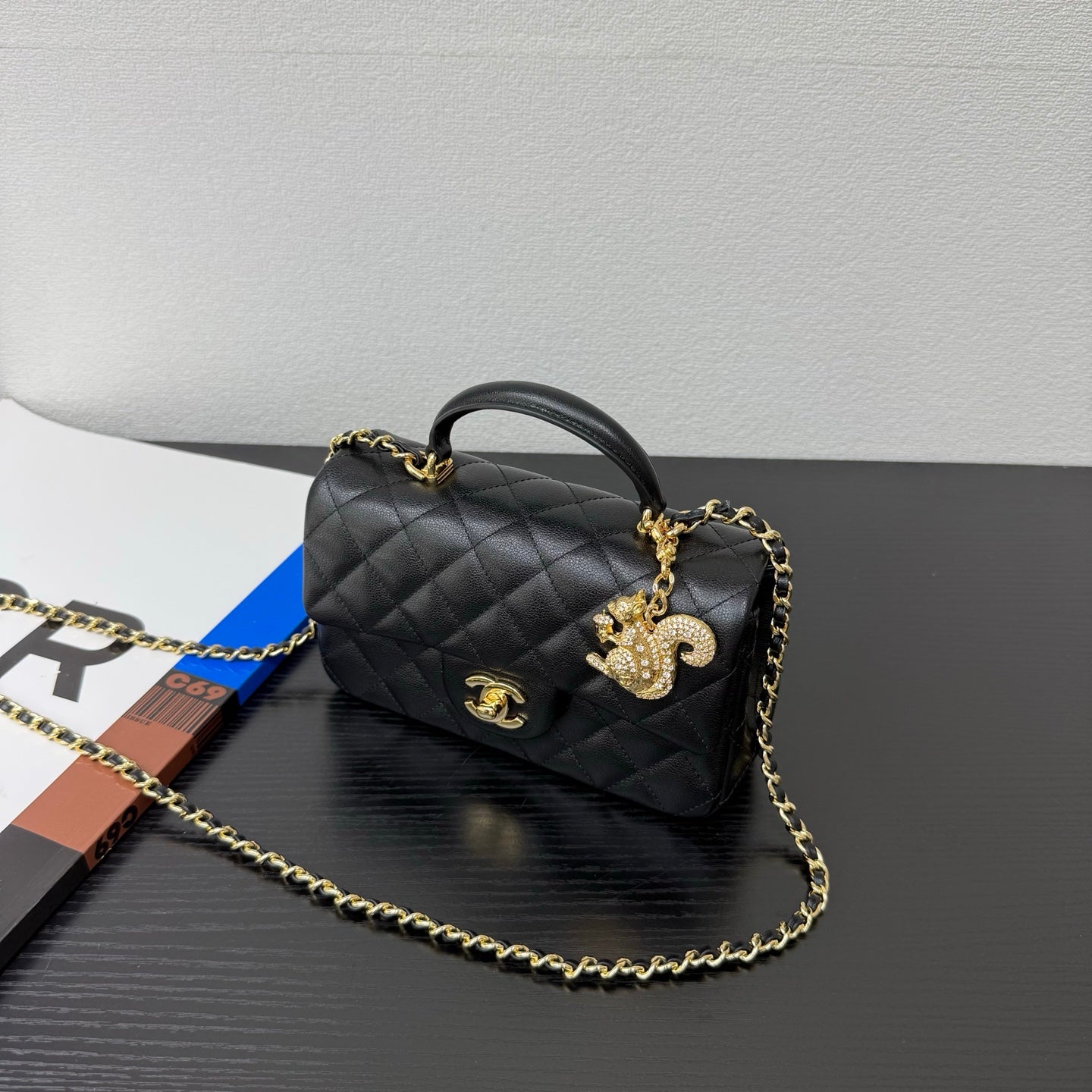 Chanel 2026 Top Handle Flap Bag 20cm with Squirrel Charm Black Calfskin