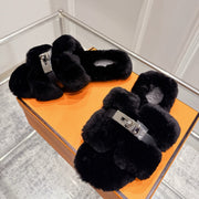 HM Oran slippers sliver buckle black wool