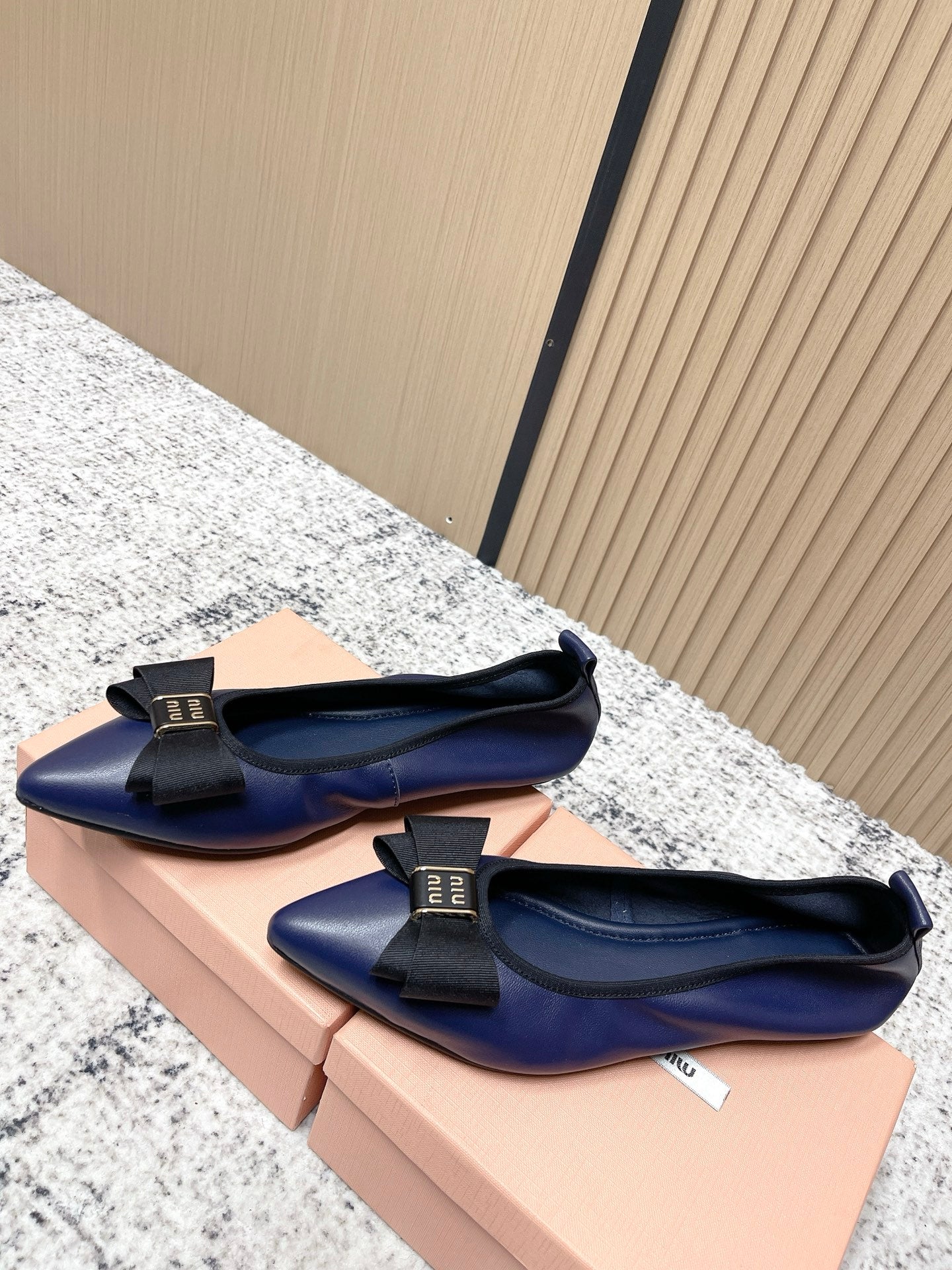 Miu Pointed-Toe Ballet Flats Navy Blue Sheepskin 591563