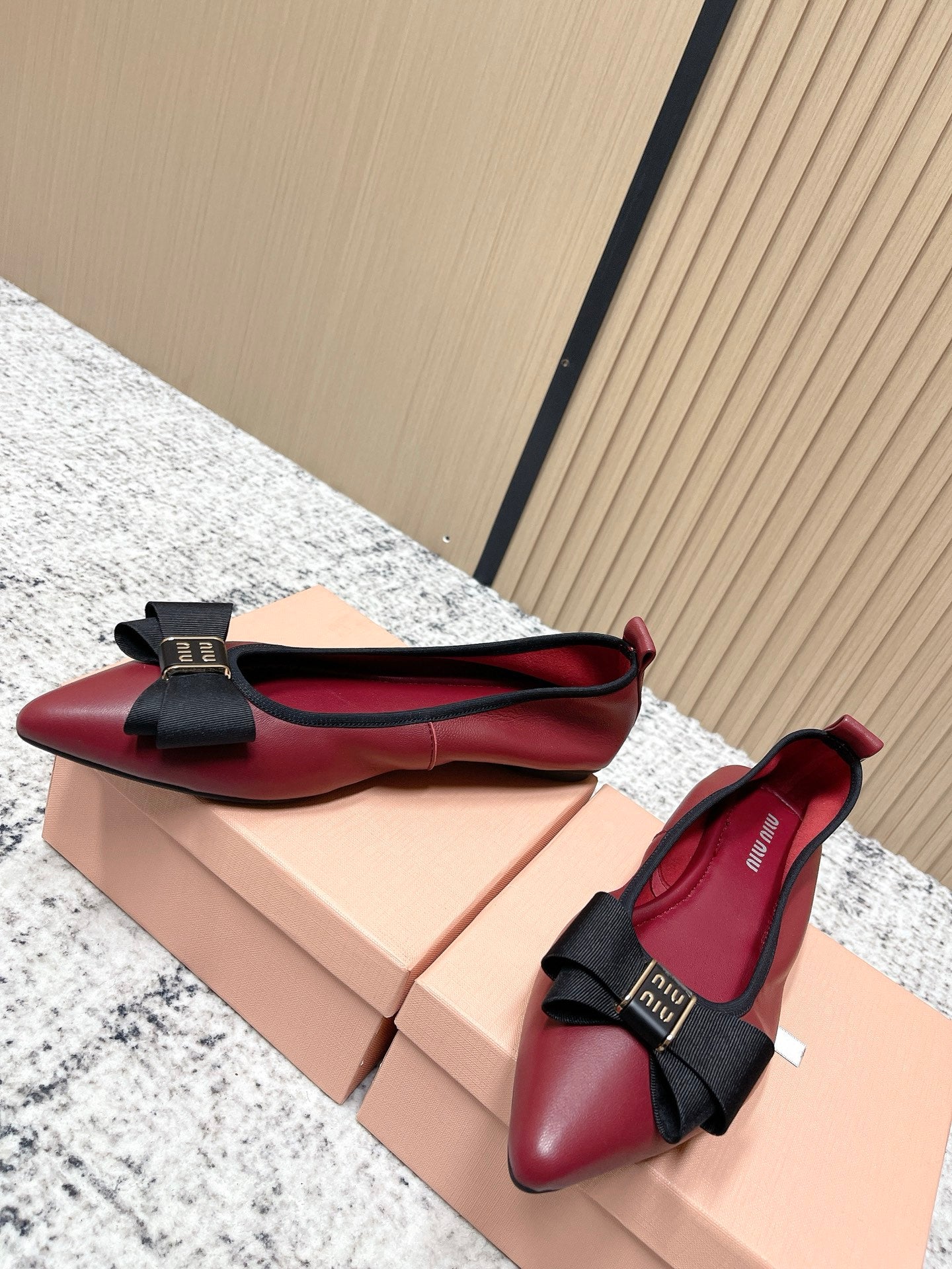 Miu Pointed-Toe Ballet Flats Dark Red Sheepskin 591564