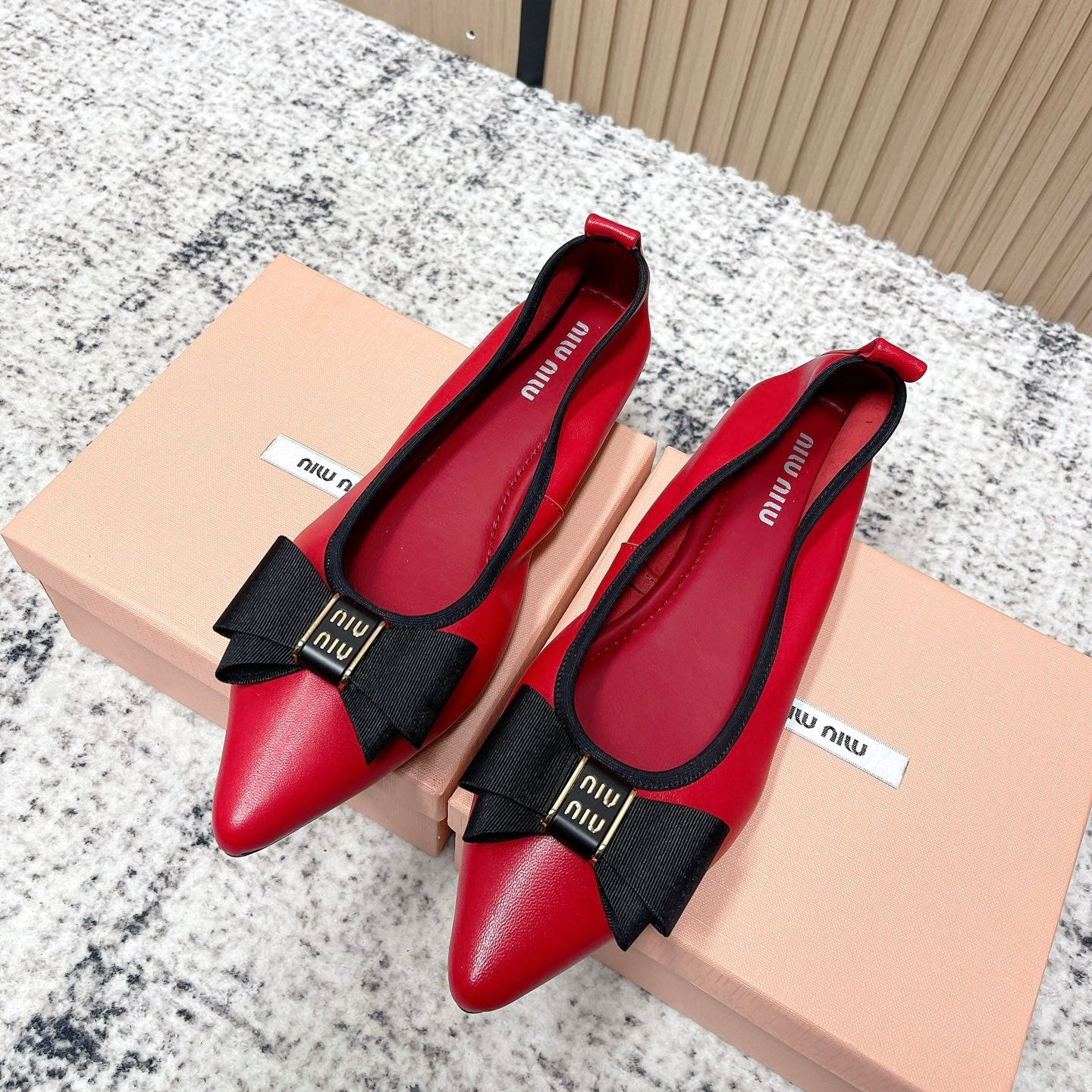 Miu Pointed-Toe Ballet Flats Red  Sheepskin 591566