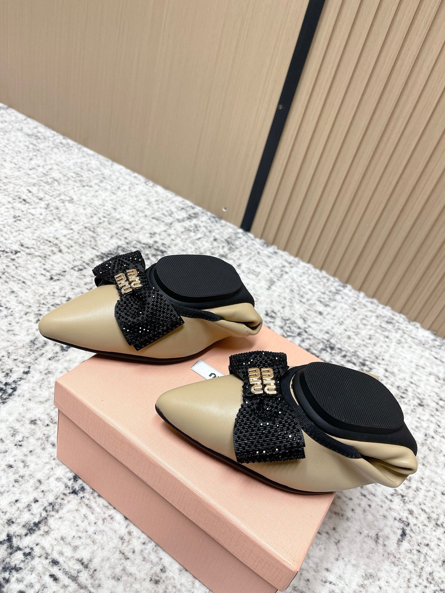 Miu Pointed-Toe Ballet Flats Beige Sheepskin 591569