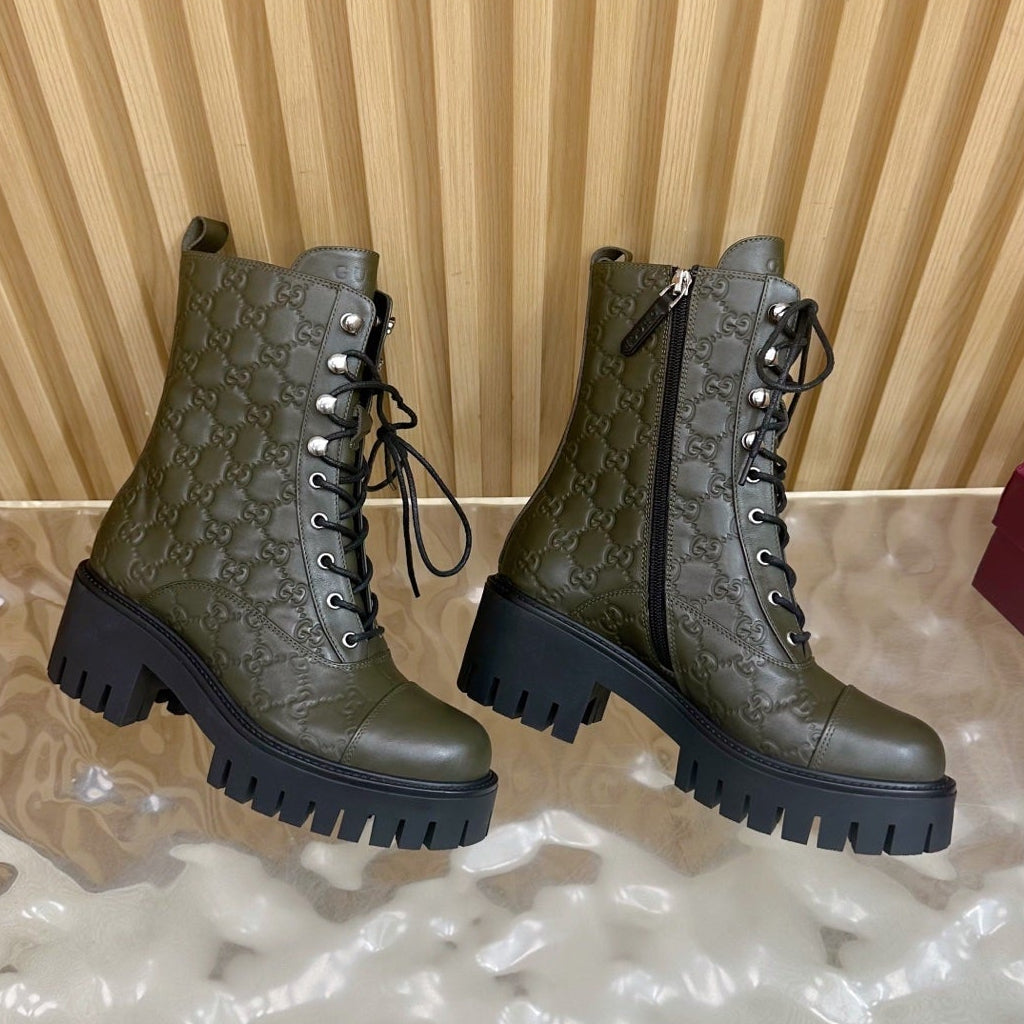 Gucci 2025 Boot Olive Green Black Embossed Cowhide 498050