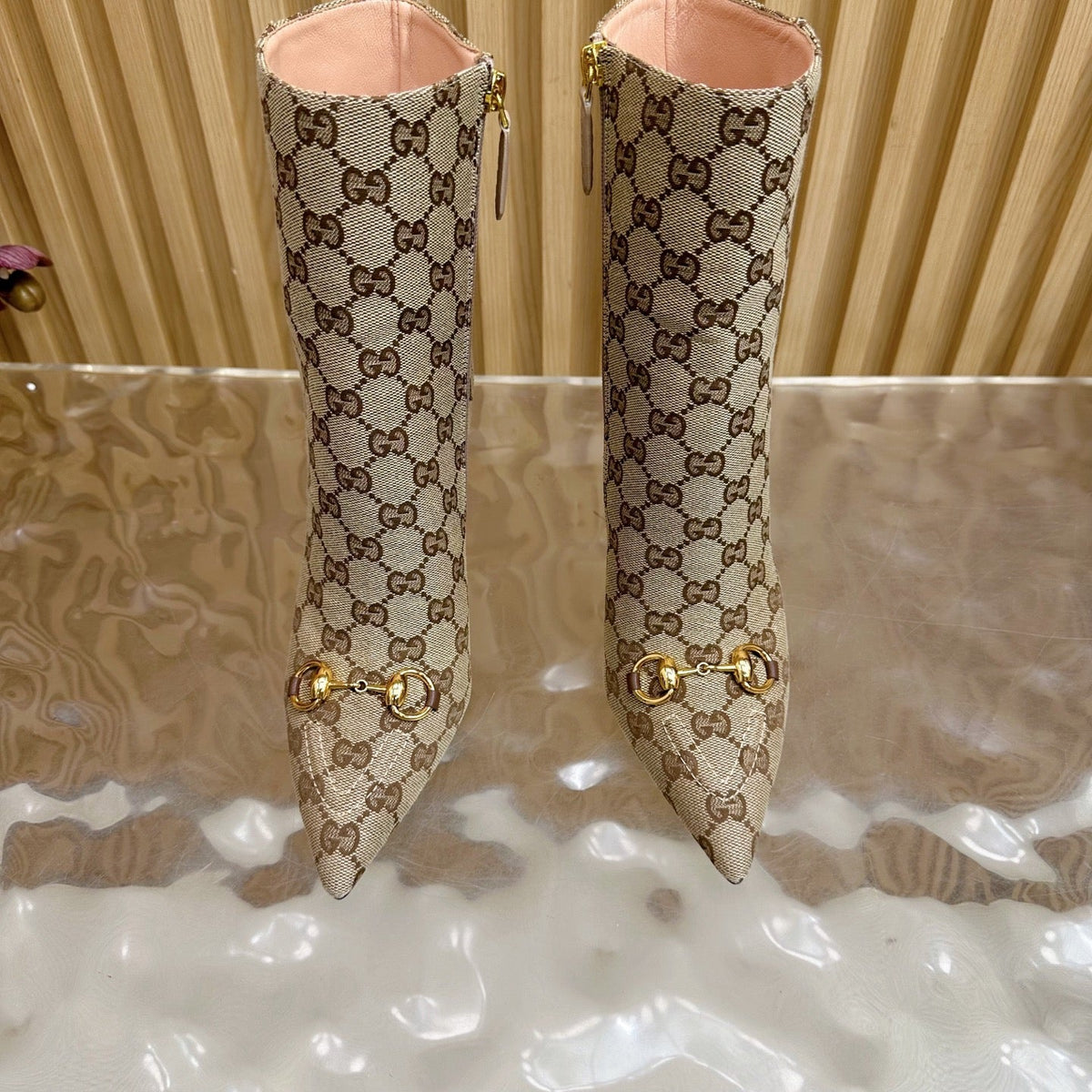 Gucci 2025 Thick-heeled Square-toed Ankle Boots Beige Gold Sheepskin Fabric 498067
