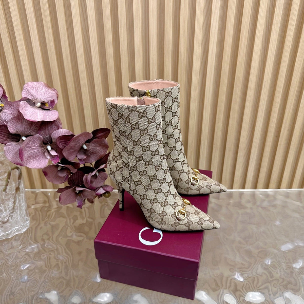 Gucci 2025 Thick-heeled Square-toed Ankle Boots Beige Gold Sheepskin Fabric 498067