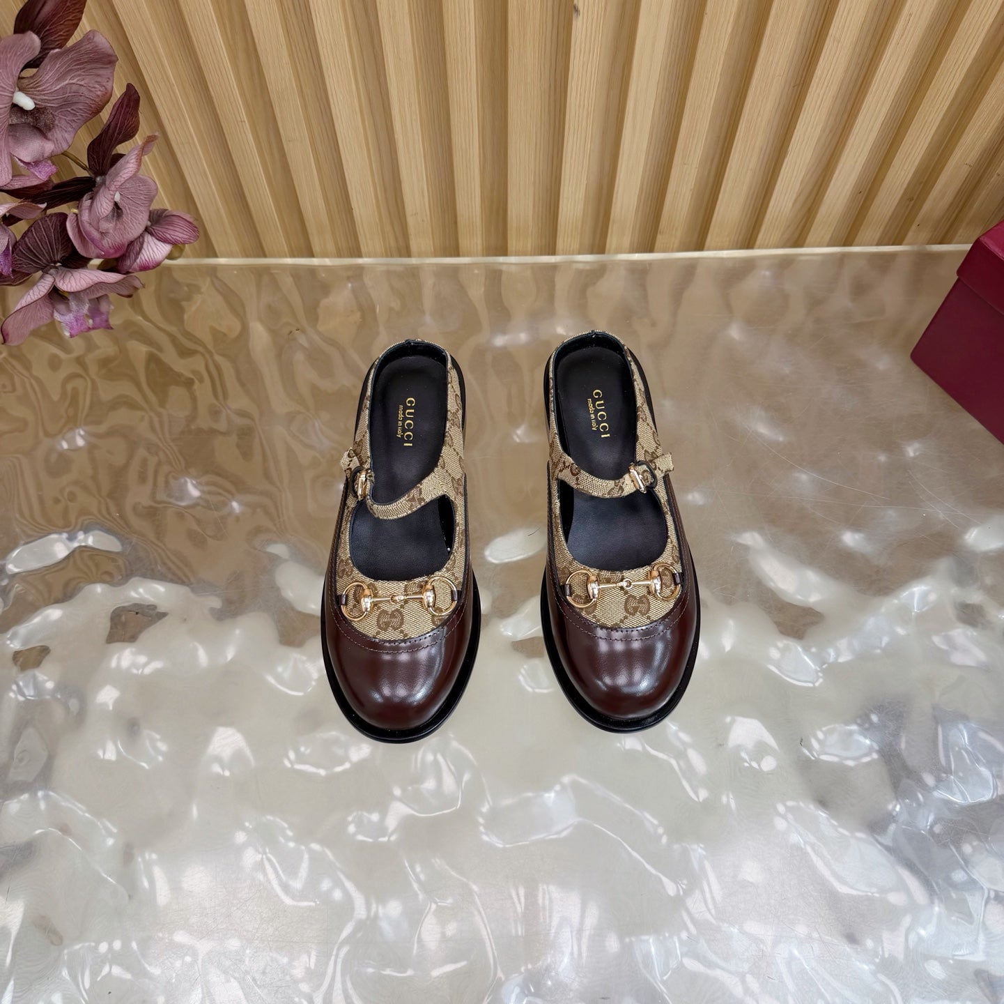 GG 26 Mule Brown Beige Beaded Leather Double G Fabric 589456