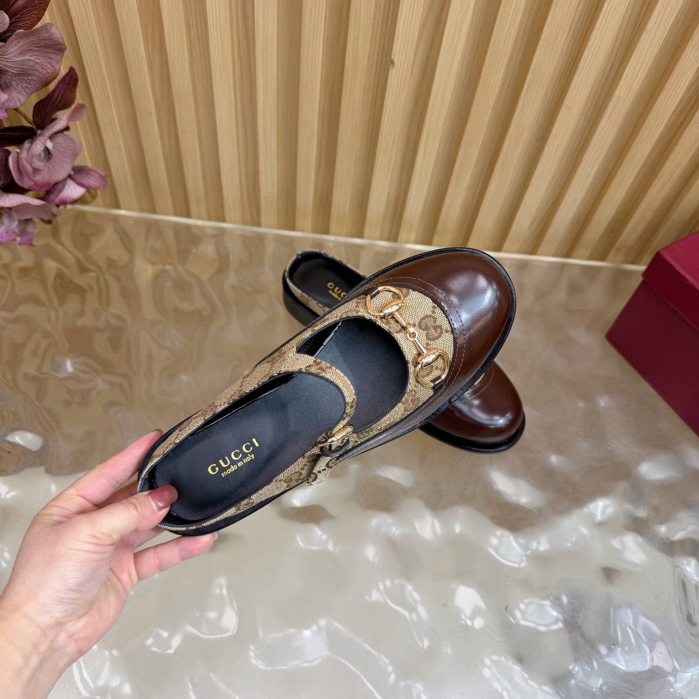 GG 26 Mule Brown Beige Beaded Leather Double G Fabric 589456