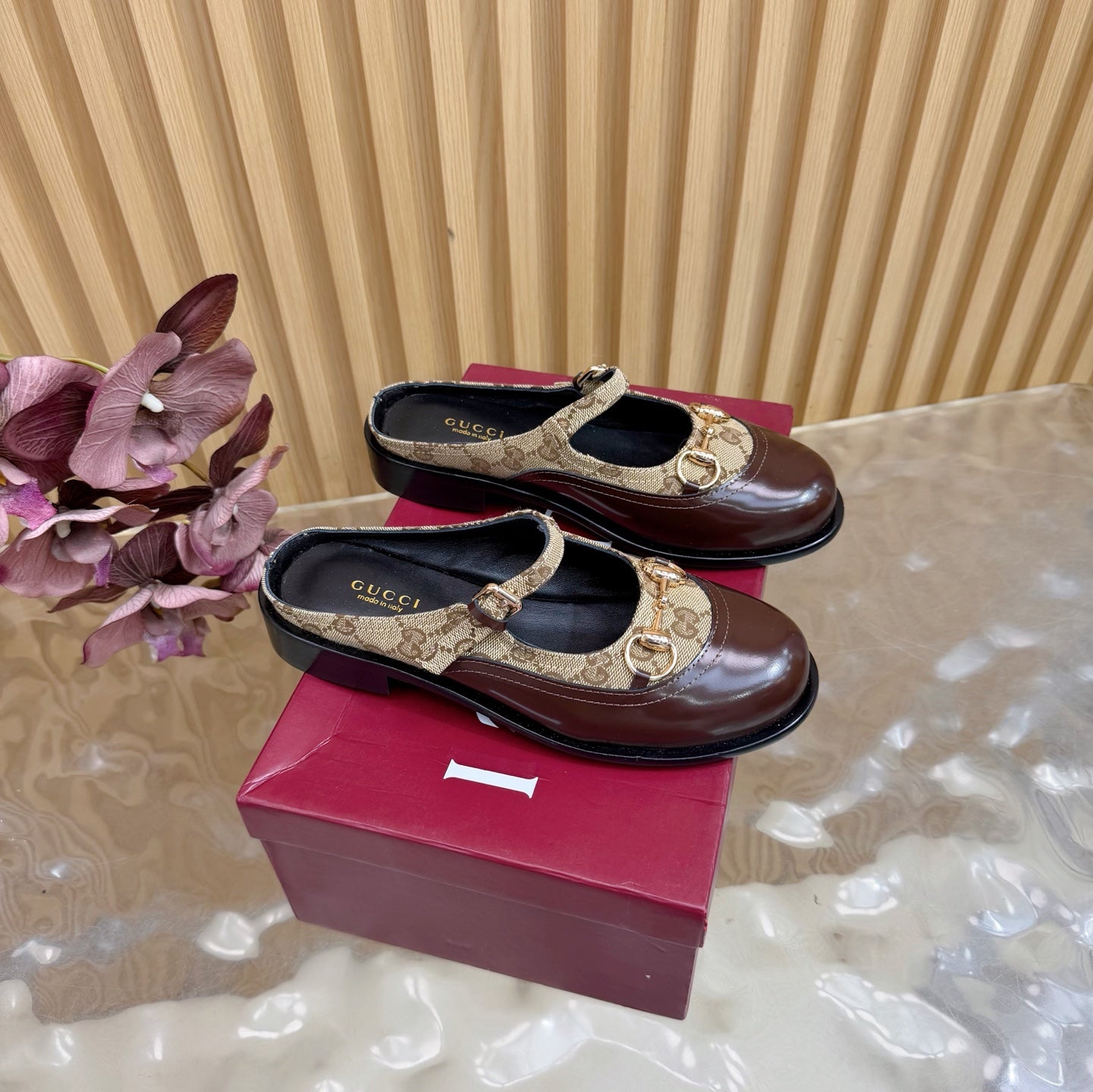 GG 26 Mule Brown Beige Beaded Leather Double G Fabric 589456